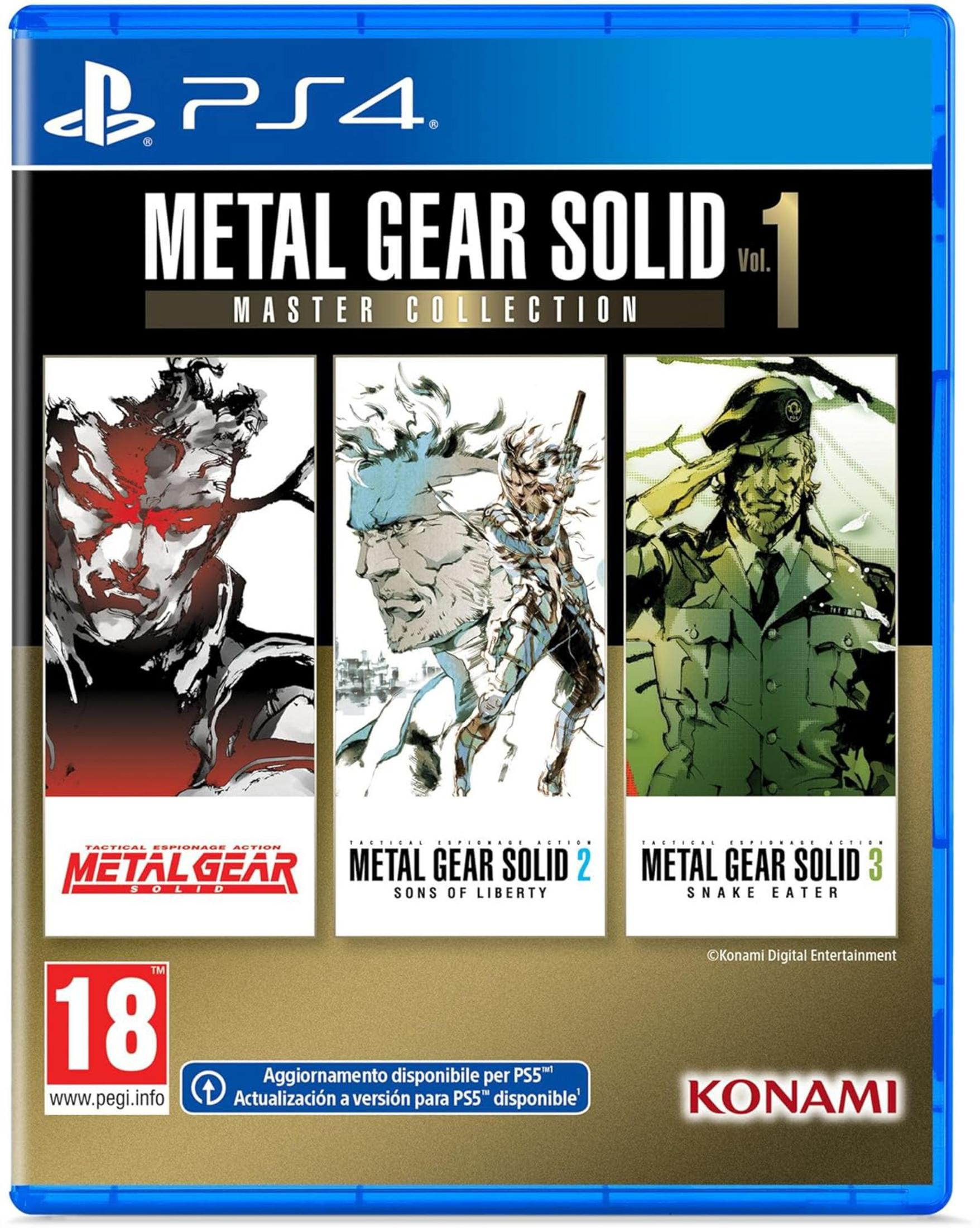 Portada del juego PS4 Metal Gear Solid Master Collection. Incluye arte de MGS1, 2 y 3. Para mayores de 18.
