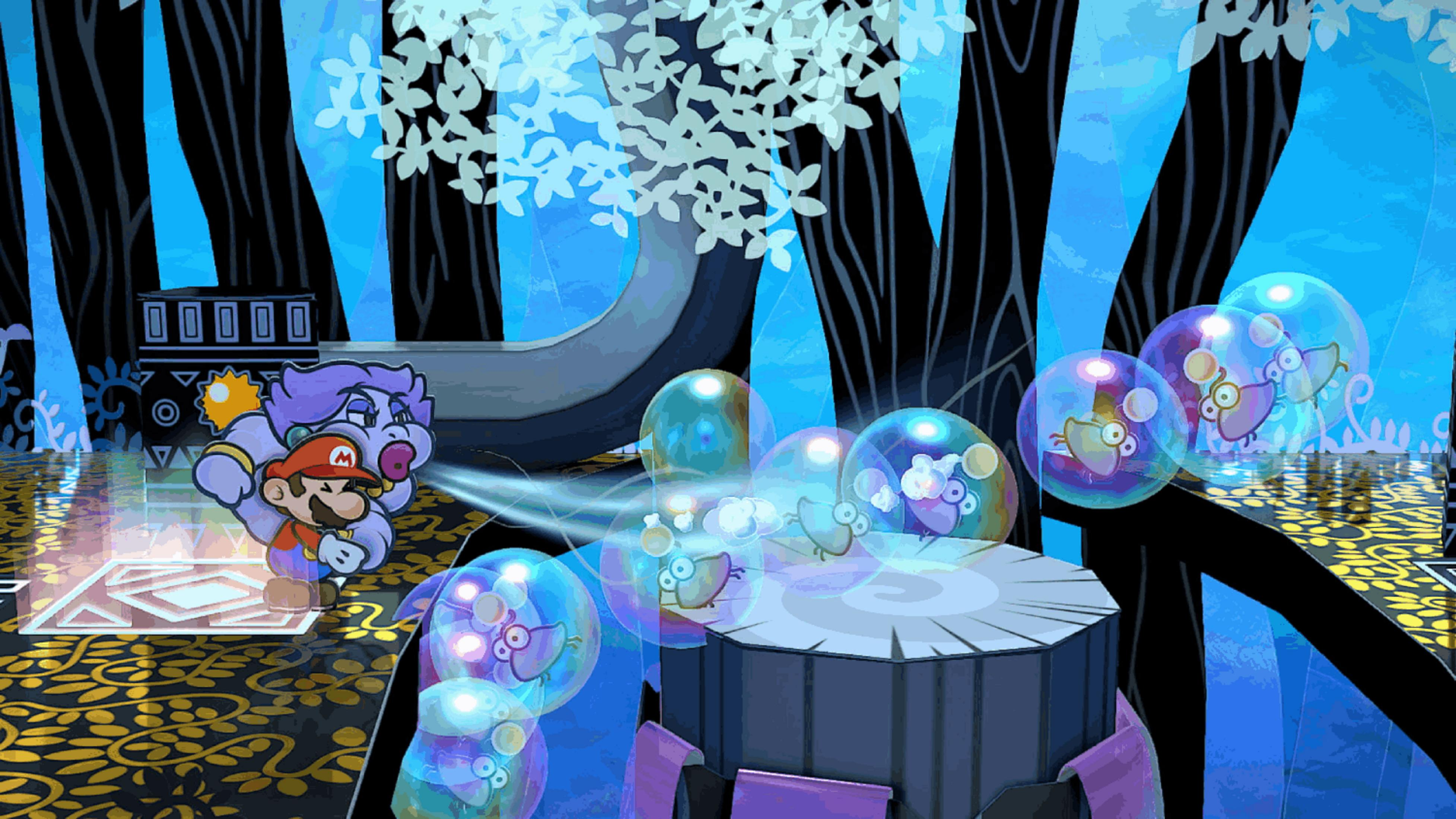 Mario e una creatura viola davanti ad alberi blu e bolle con creature uccello.