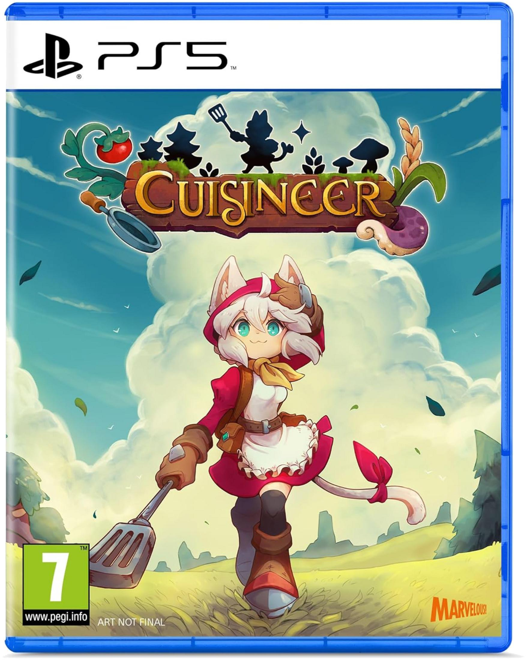 Portada de juego PS5: Personaje felino con traje rojo sostiene espátula. Título: Cuisineer.