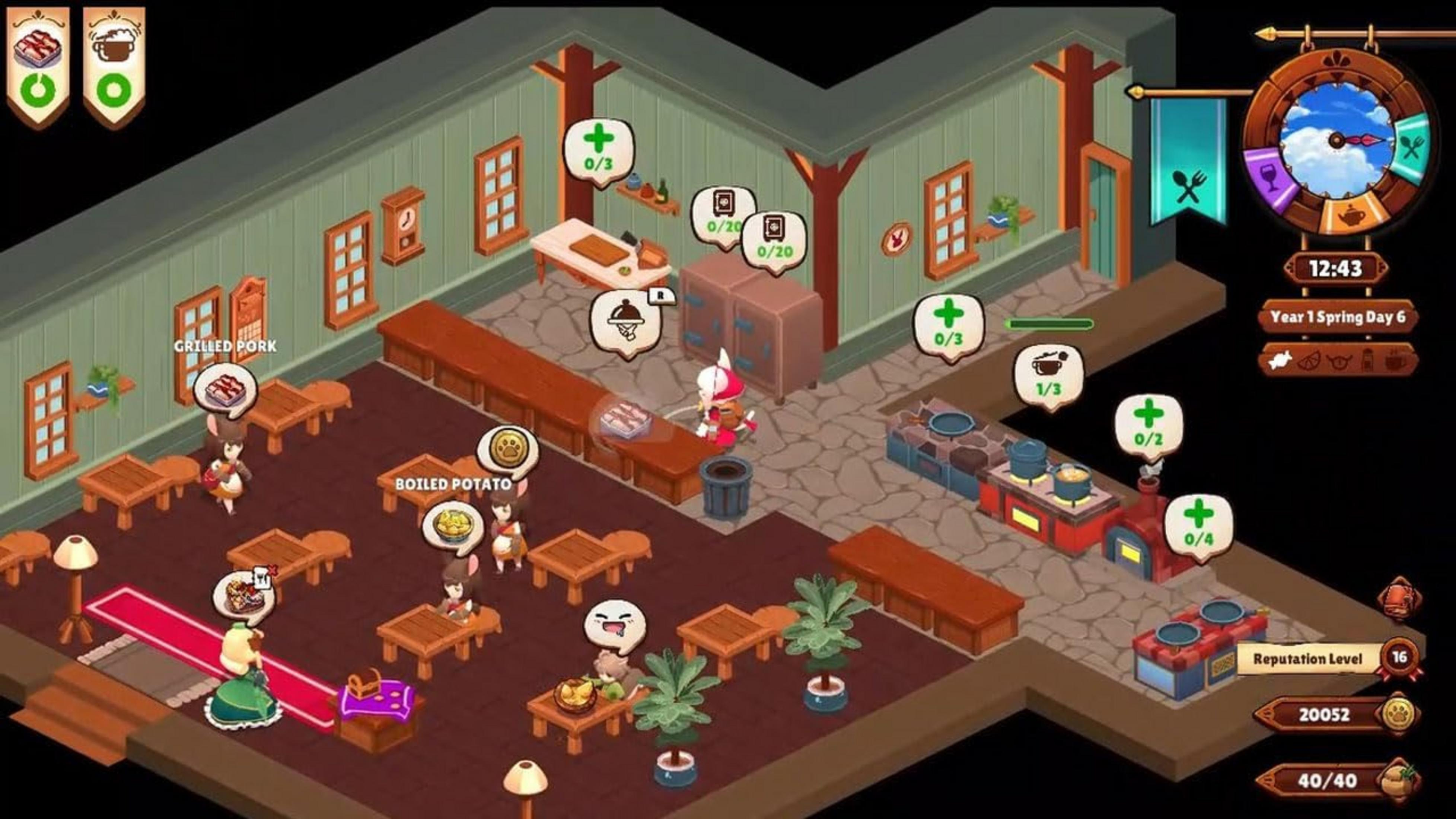 Una vista isométrica de un restaurante con mesas, cocineros y platos.