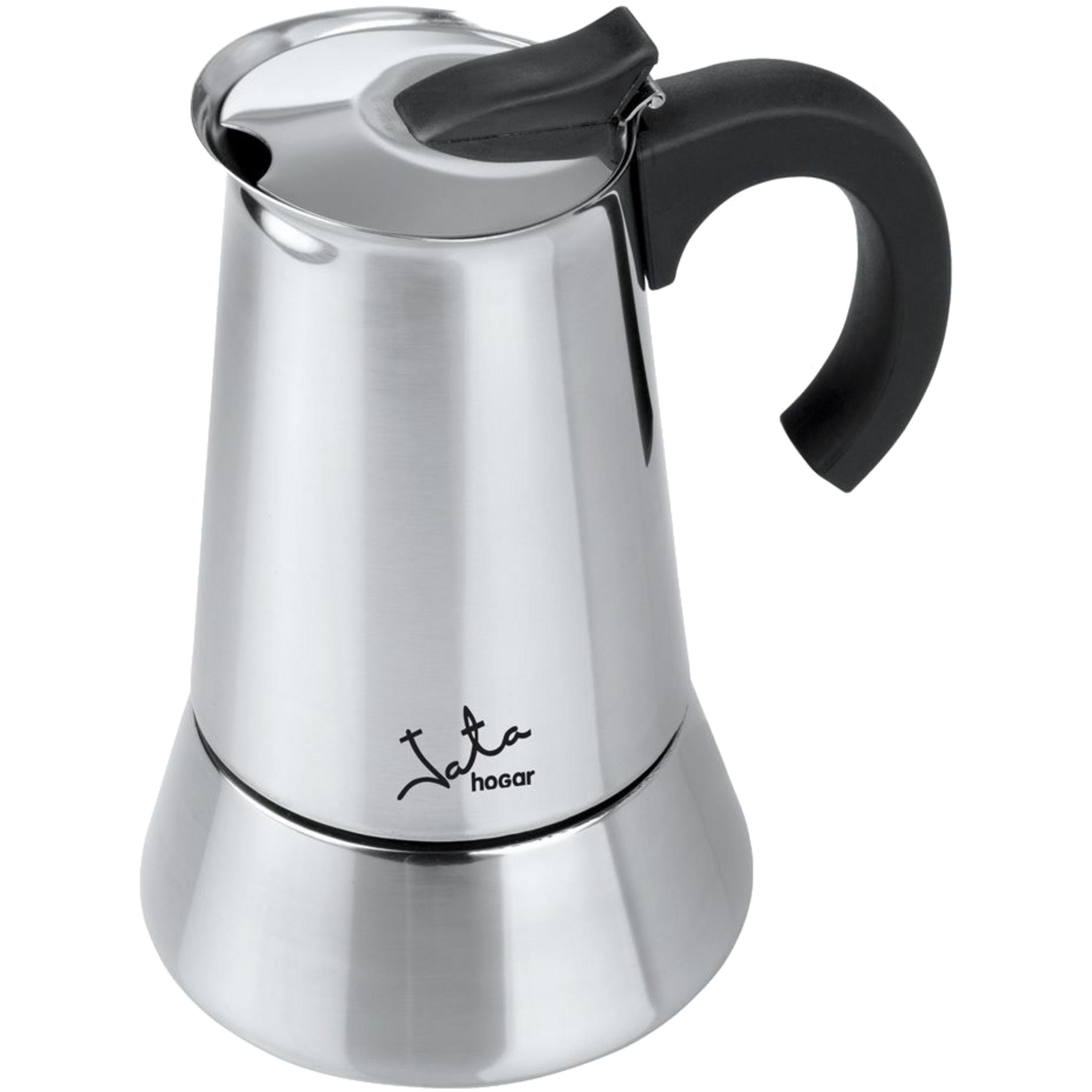 Caffettiera argentata con manico e coperchio neri, su sfondo bianco.