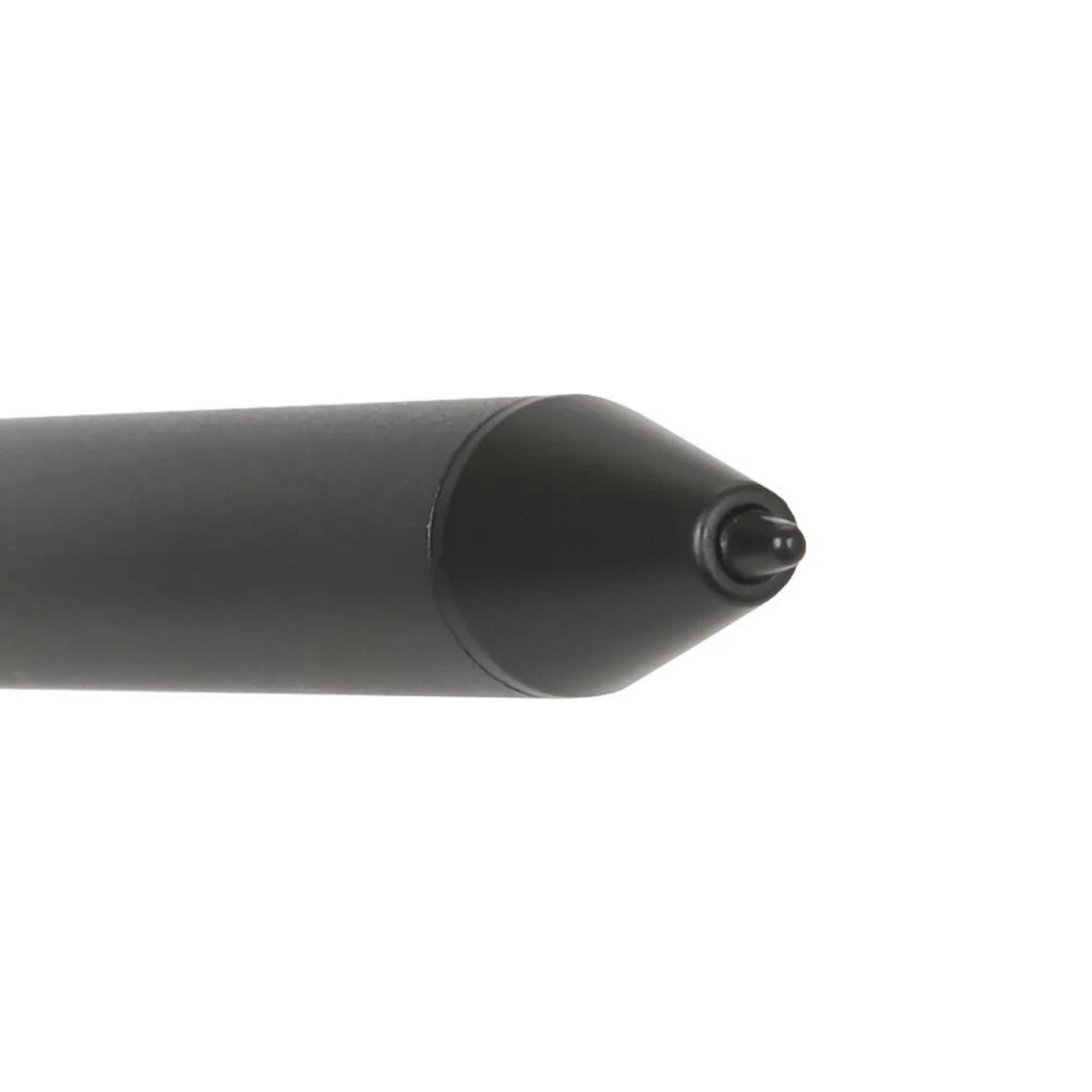 A black stylus pen on a white background, close-up of the tip.