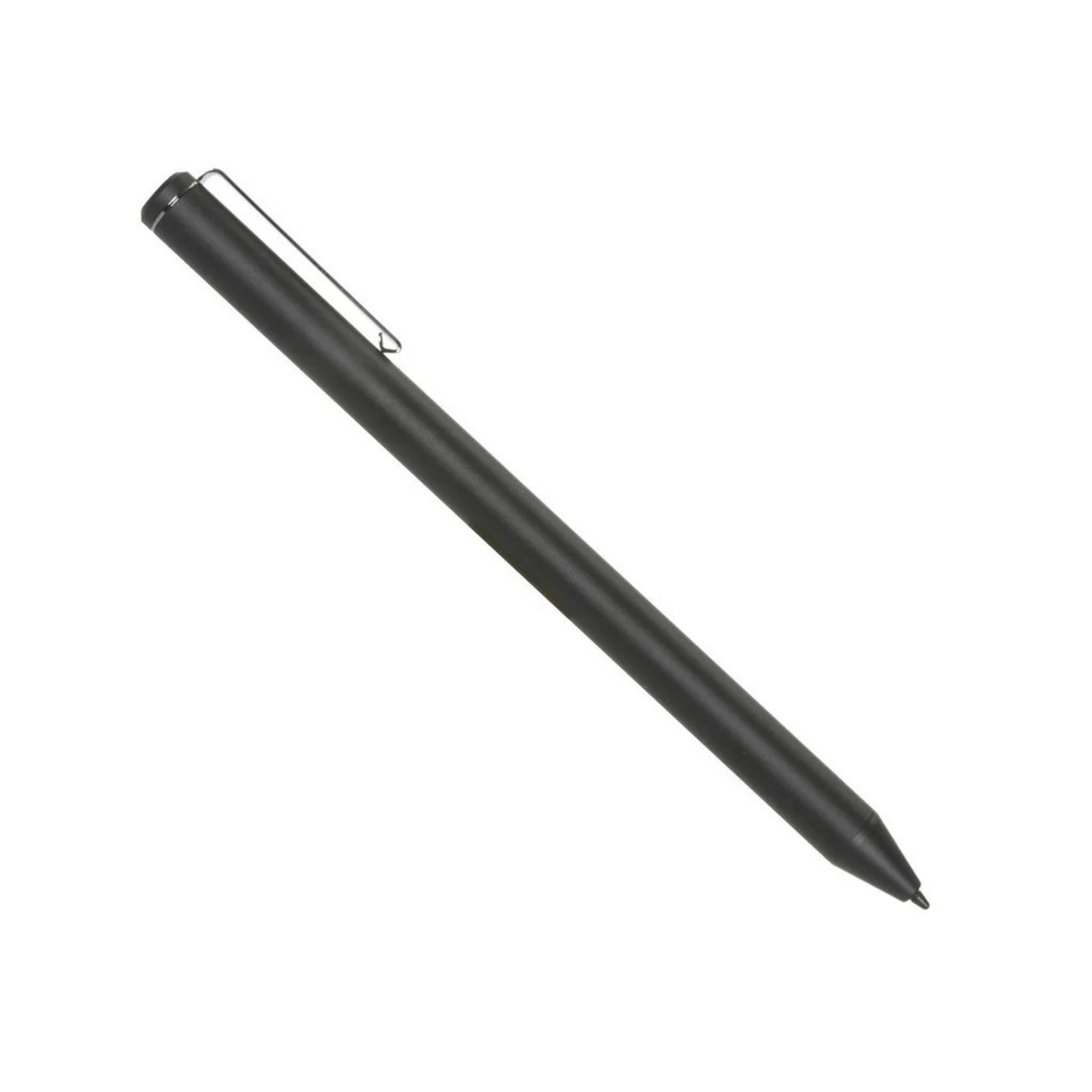 A sleek, black pen with a silver clip on a white background.