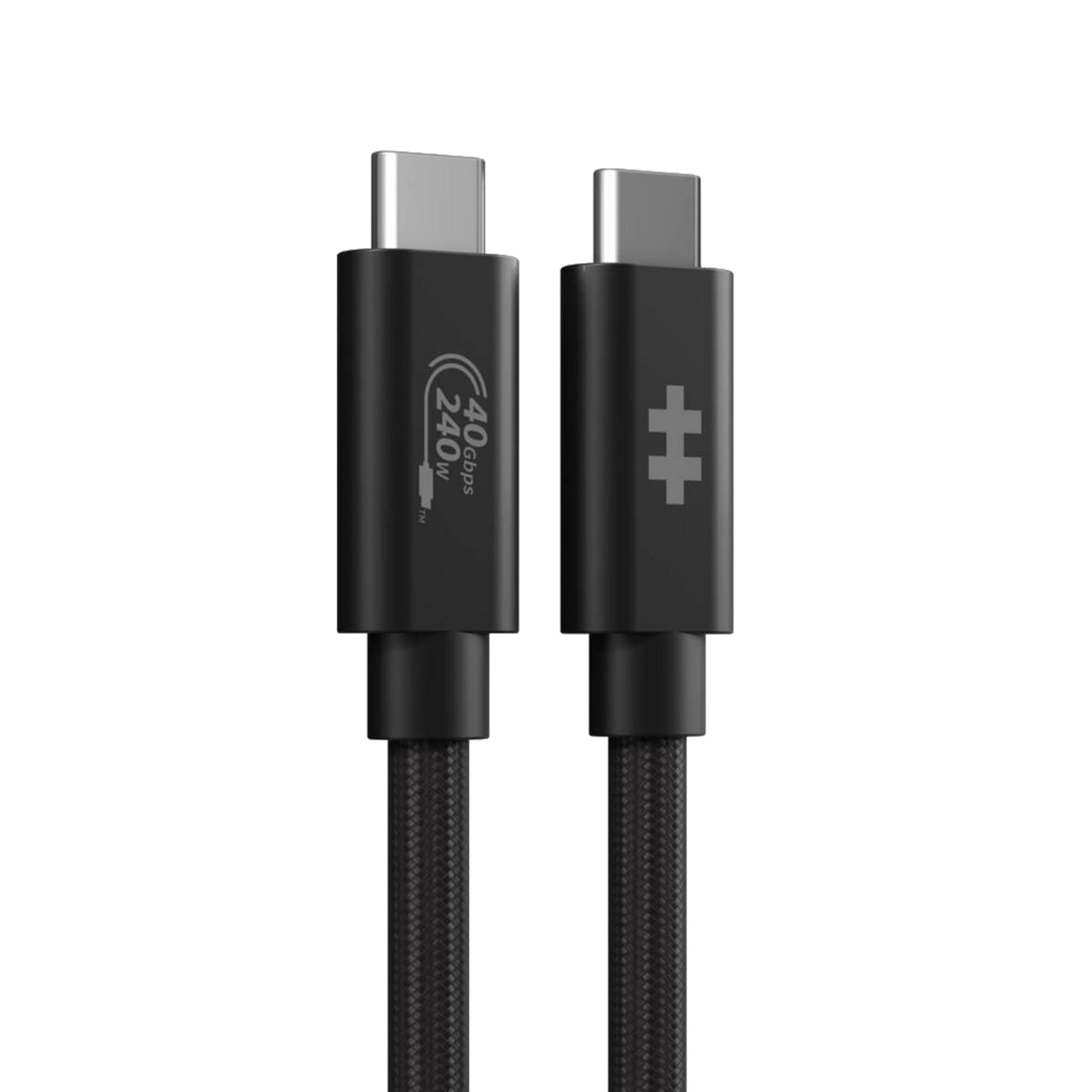 Due cavi USB-C neri con connettori argentati, uno mostra 40 Gbps 240W.