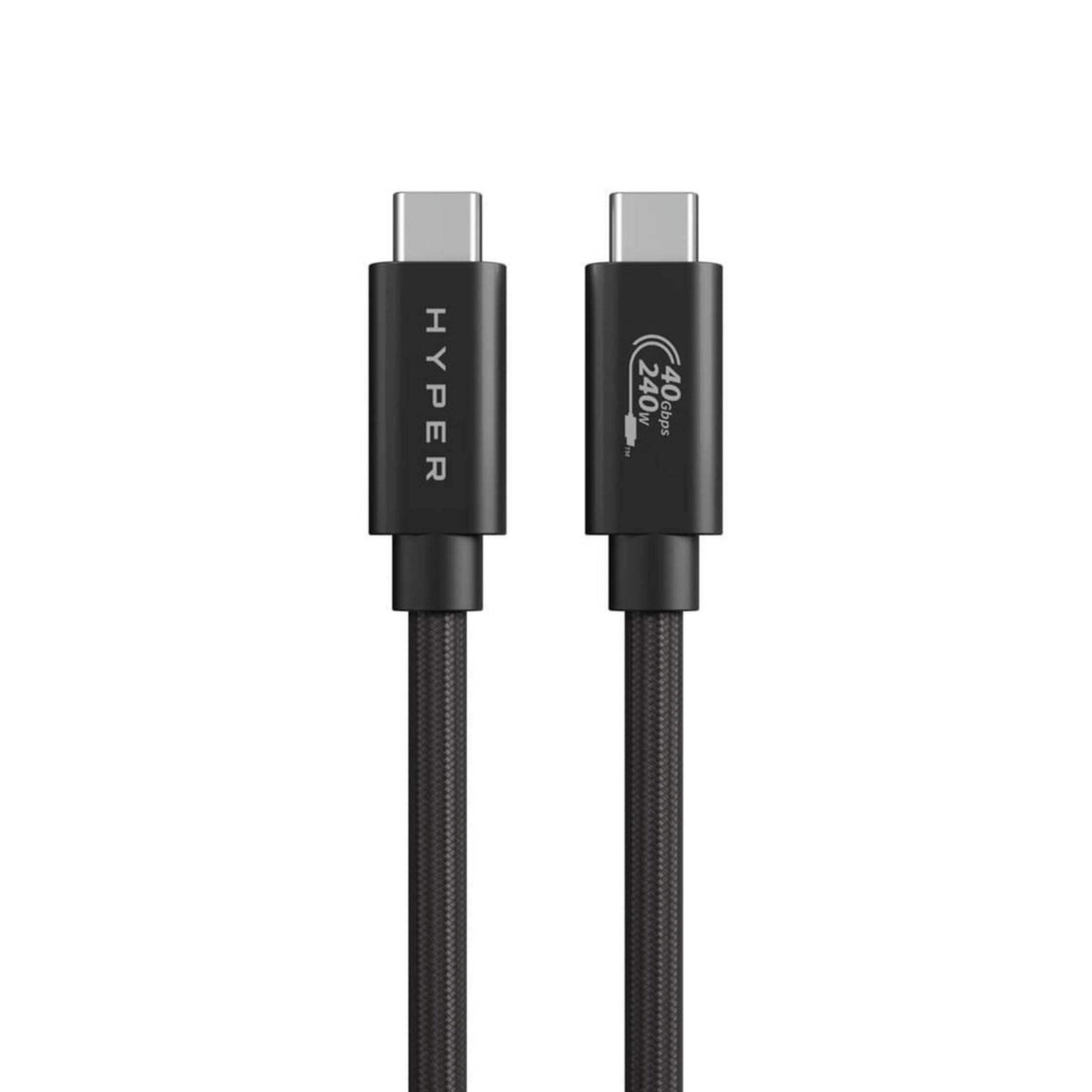 Due cavi USB-C neri con connettori argentati ed etichette di testo.