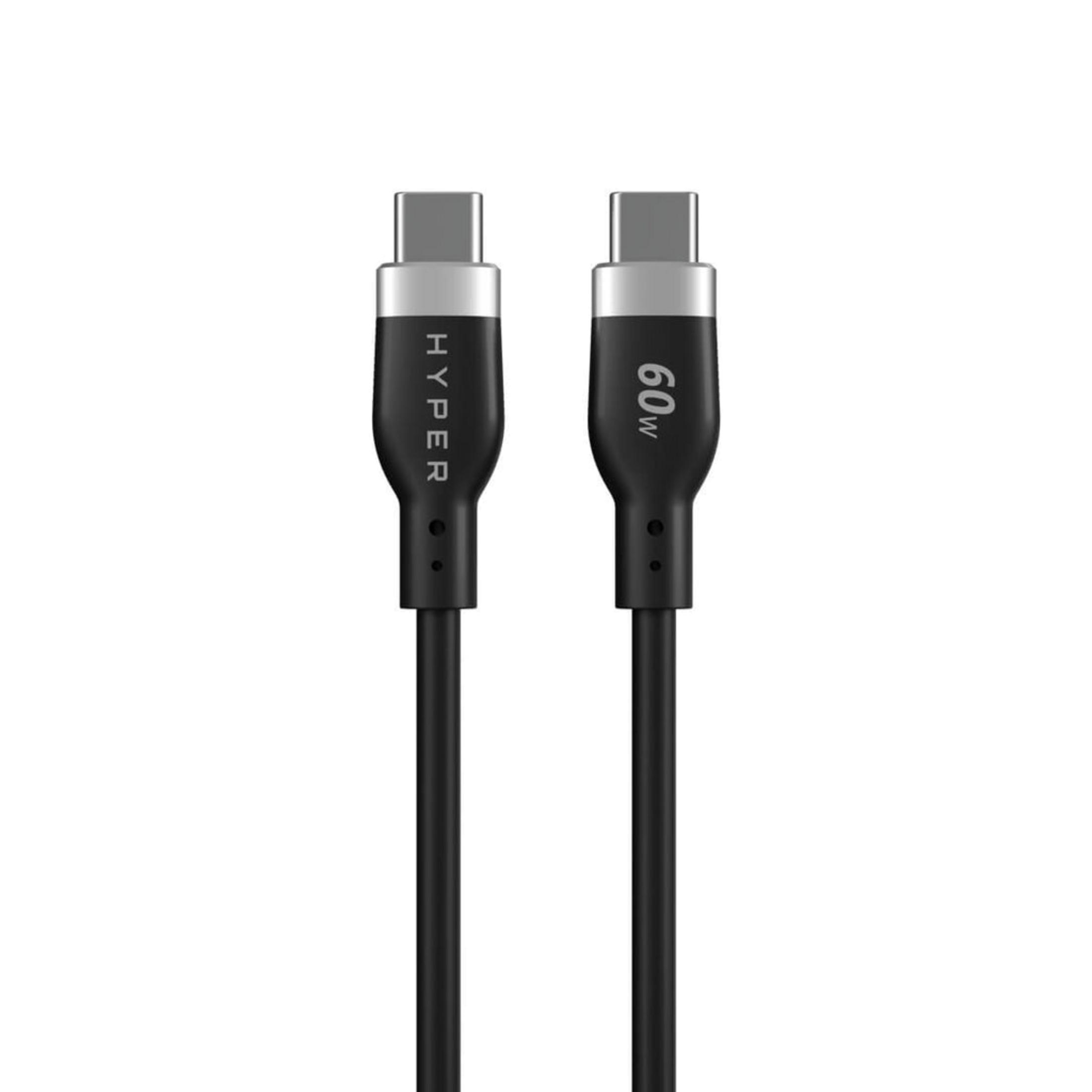 Due cavi USB-C neri con connettori argentati, su sfondo bianco.