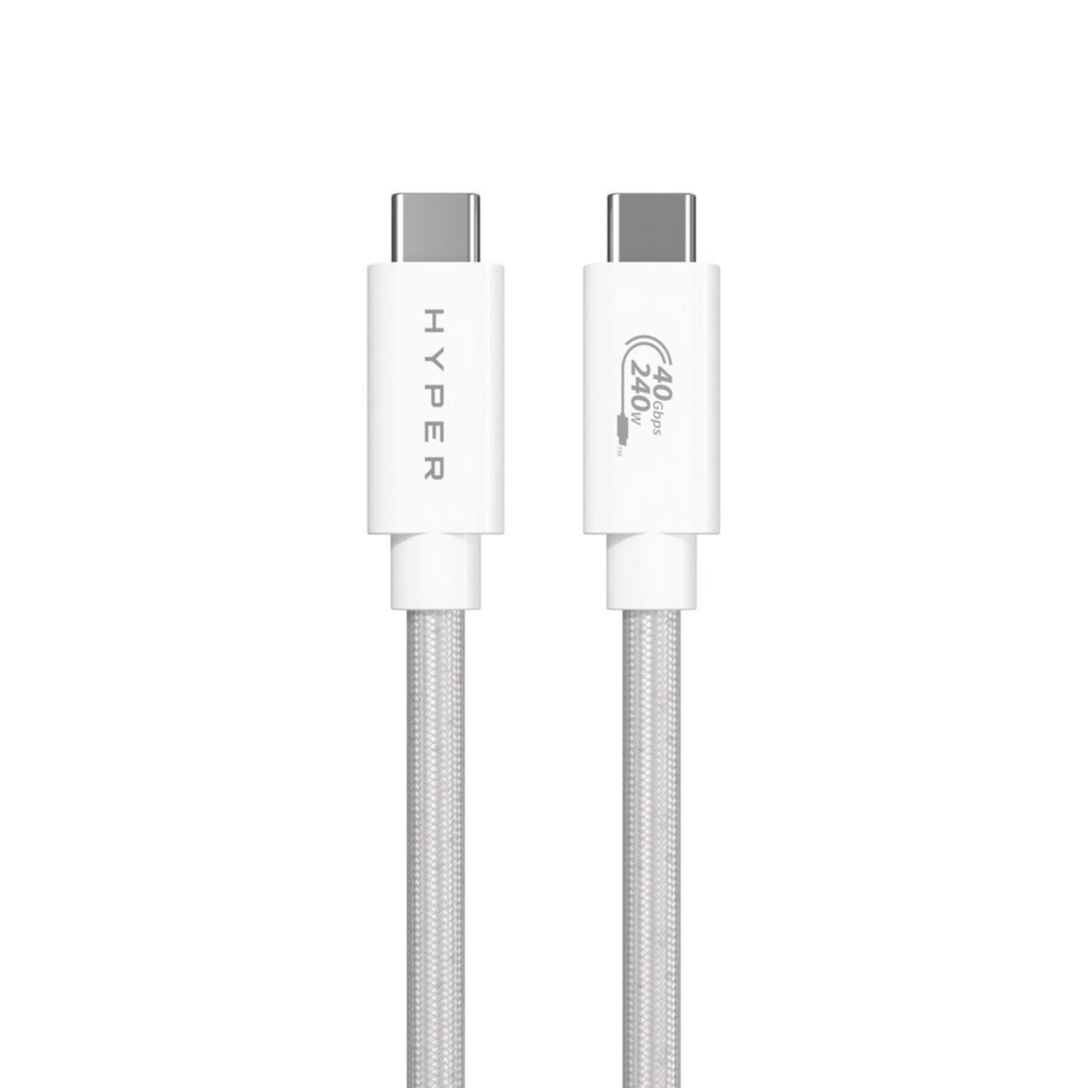 Zwei weiße USB-C-Kabel mit geflochtenen silbernen Schnüren. Eines liest HYPER, das andere 40Gbps 240W.