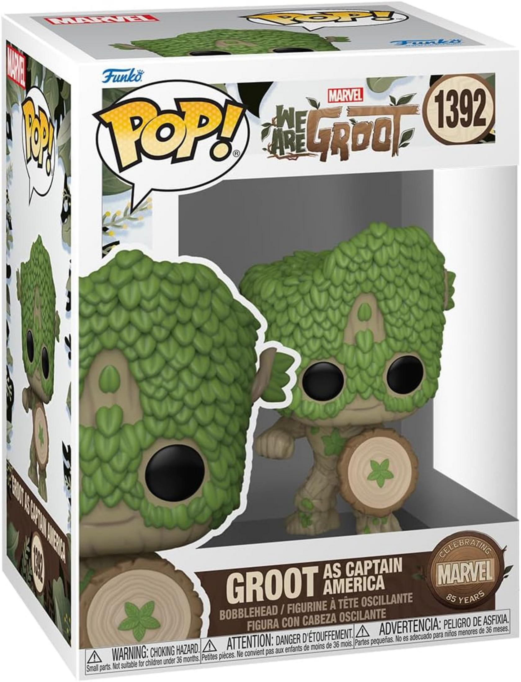 Action figure Funko Pop! di Groot come Captain America in costume di foglie verdi con scudo.