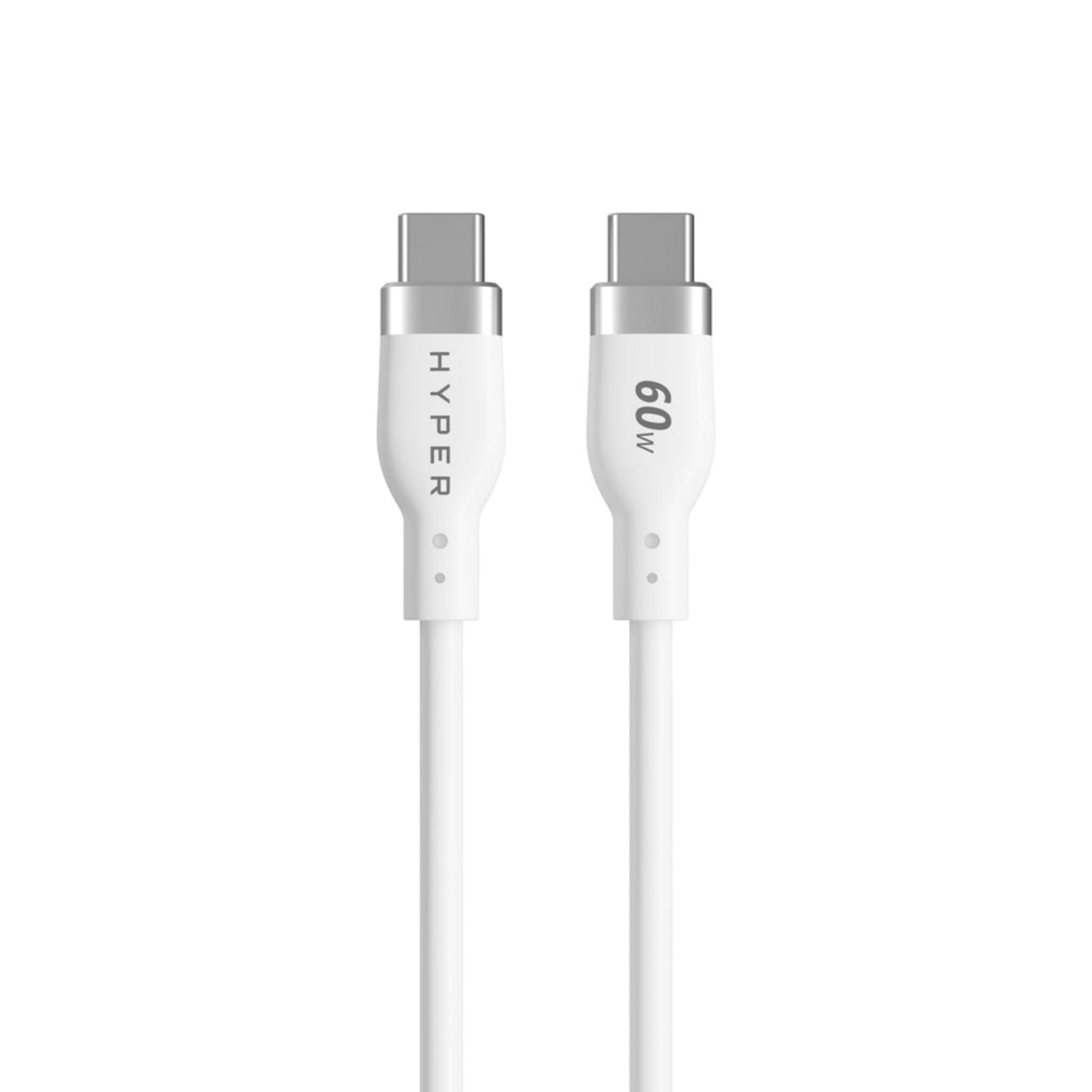 Due cavi USB-C bianchi con connettori argentati, uno con 'HYPER', l'altro con '60w'.