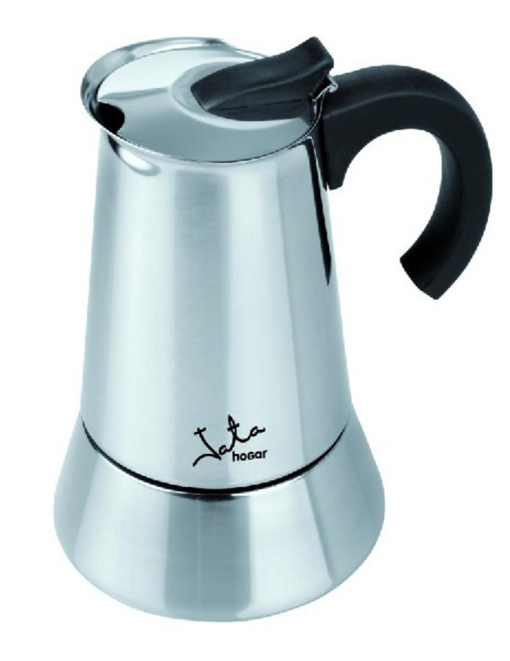 Una caffettiera espresso argentata con manico e coperchio neri.