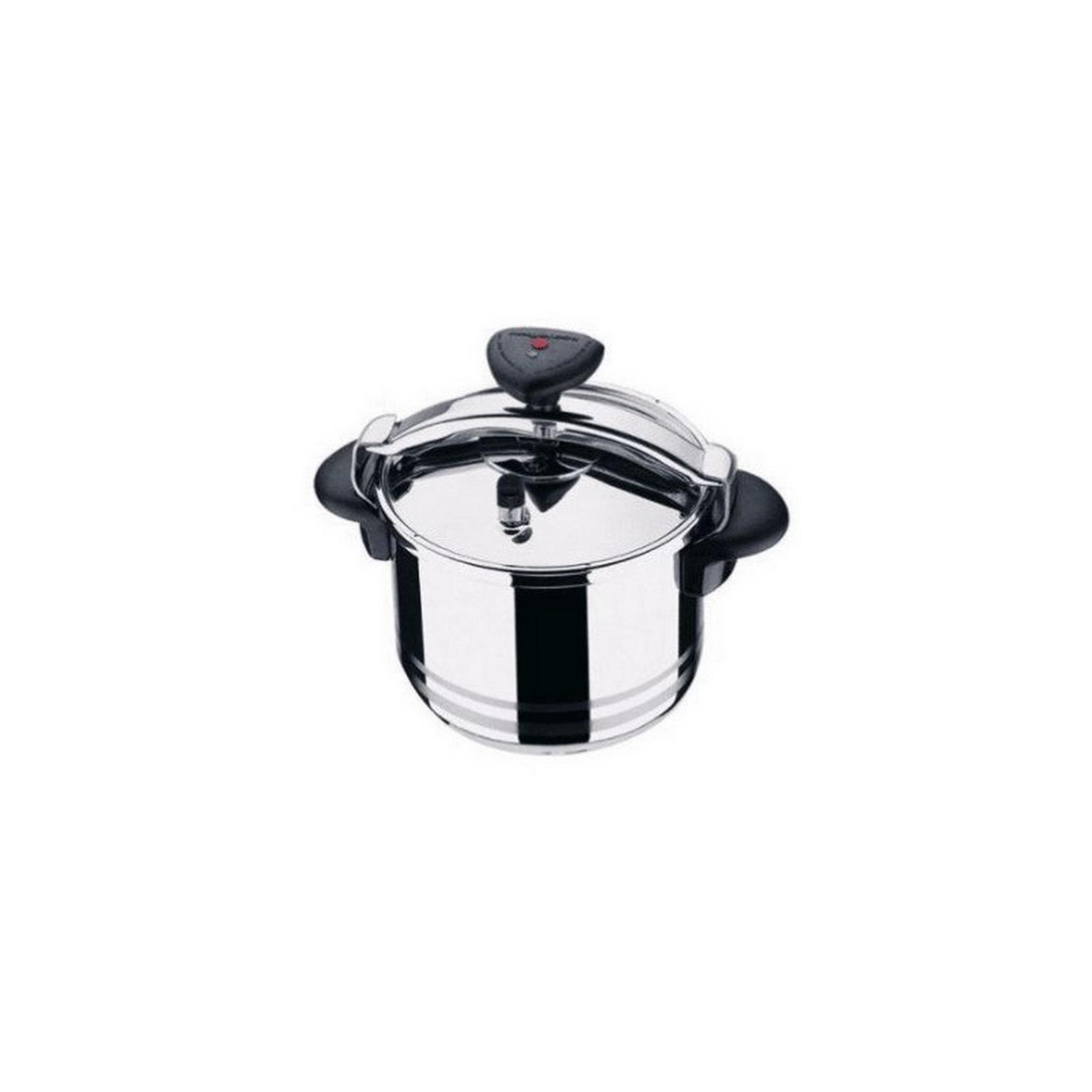 Una olla a presión de acero inoxidable brillante con asas negras y una válvula roja.