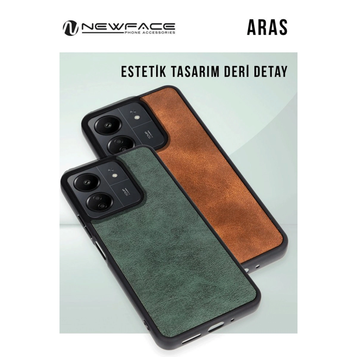 Üst üste duran iki telefon kılıfı, biri kahverengi, biri yeşil. İkisinin de dokusu deridir.