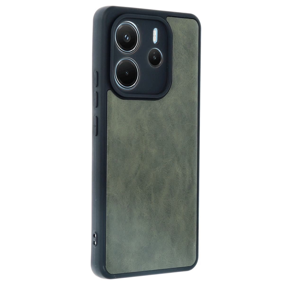 Yeşil deri arkalı ve kamera lensli koyu gri telefon kılıfı.
