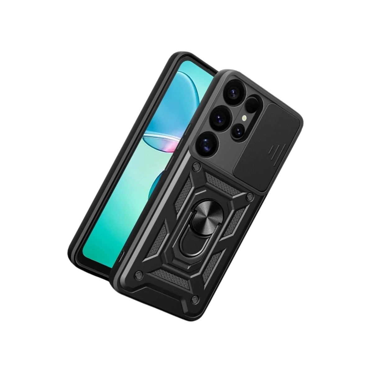 Sağlam kamera korumalı kılıf ve halka tutuculu siyah telefon.