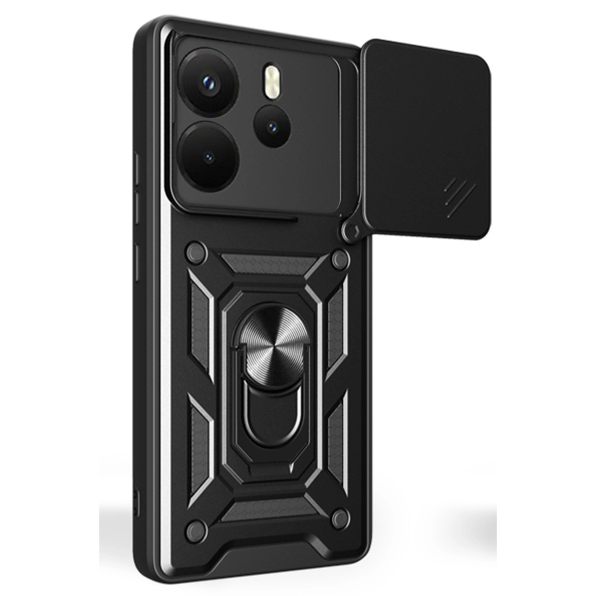 Kamera kapaklı ve halka tutuculu siyah telefon kılıfı.