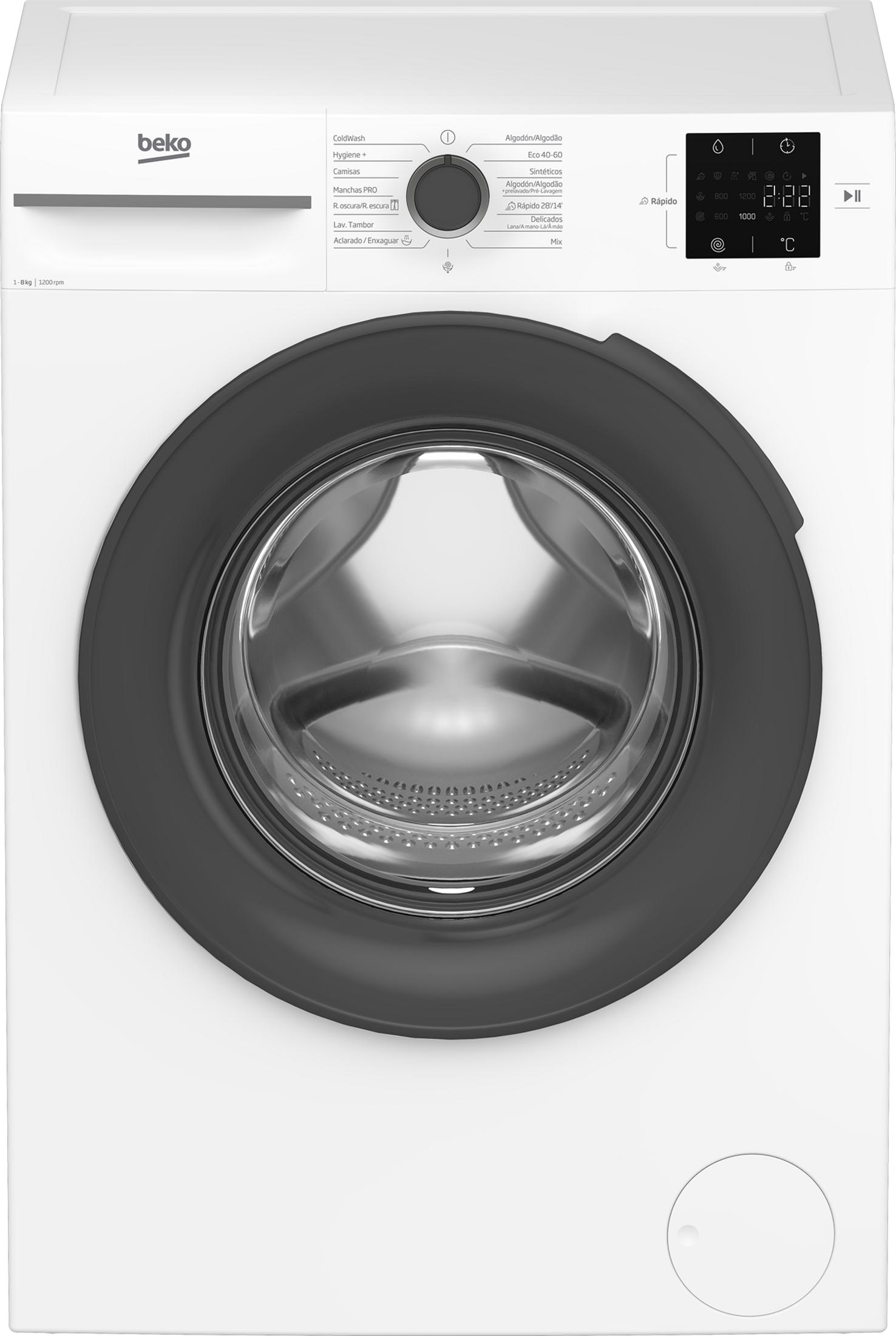 Una lavadora Beko blanca con puerta y panel de control negros. Tiene varios programas de lavado.