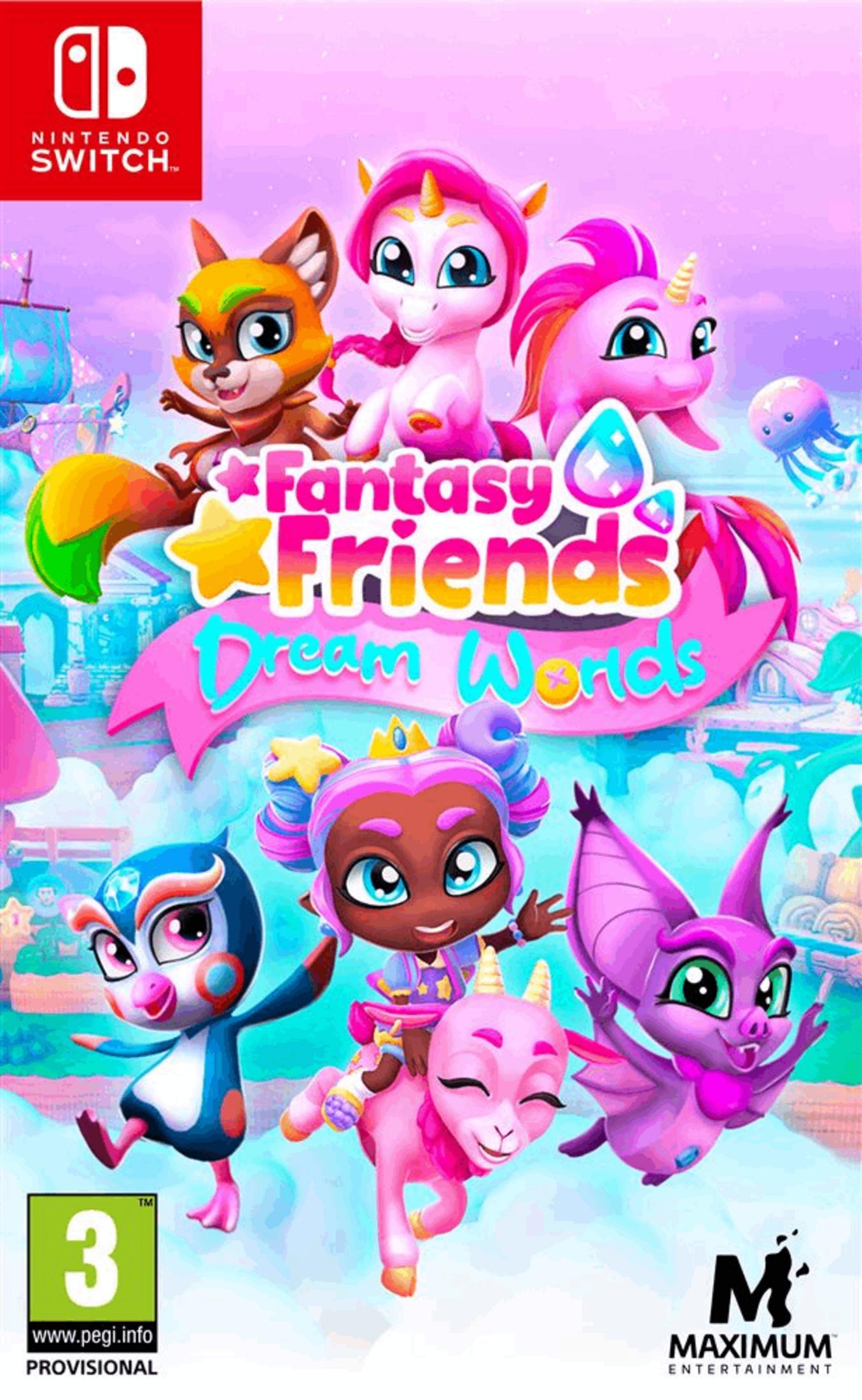 Copertina del gioco Nintendo Switch Fantasy Friends Dream Worlds con creature colorate.