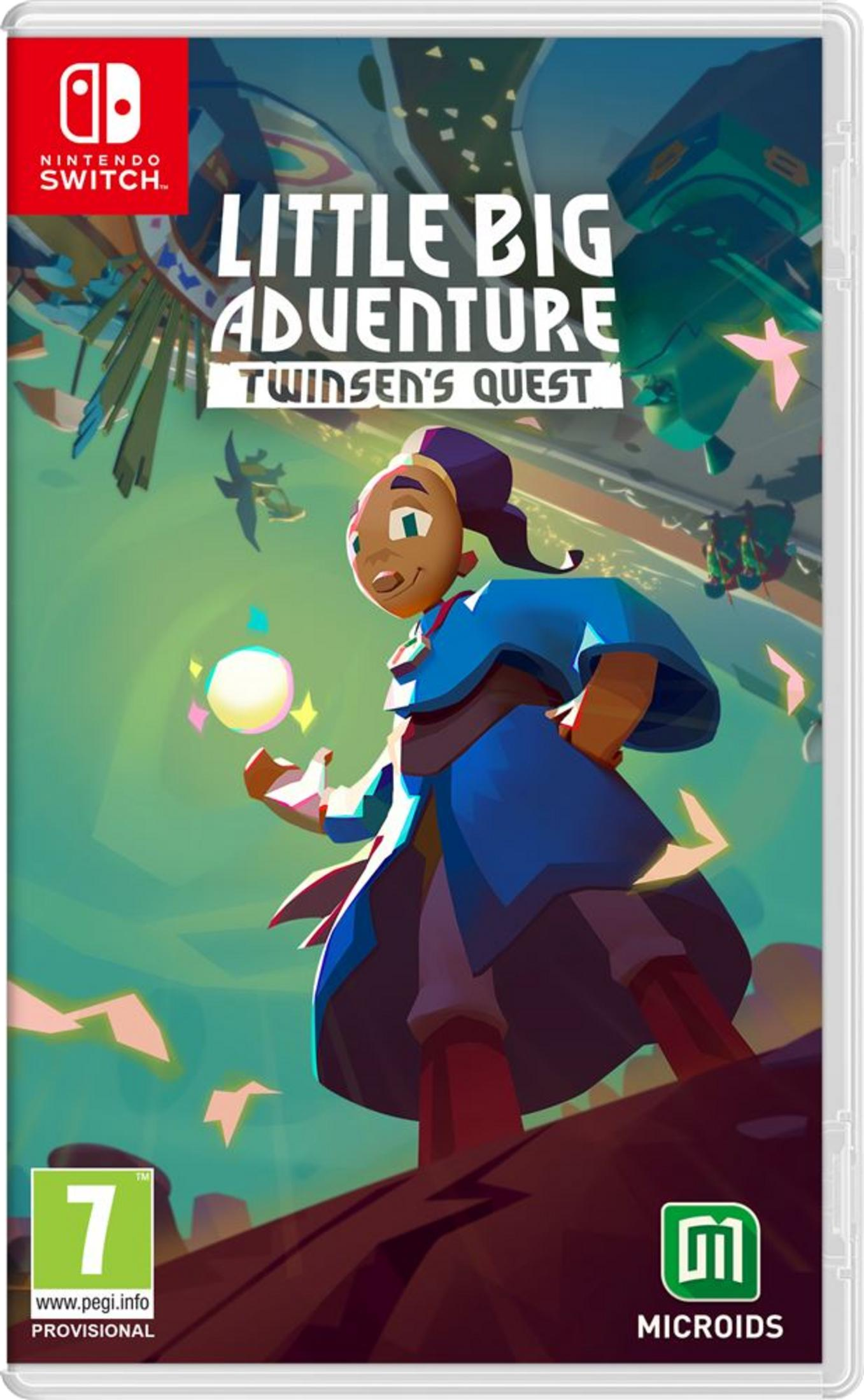 Un personaggio in veste blu tiene un globo luminoso, con testo 'Little Big Adventure'.