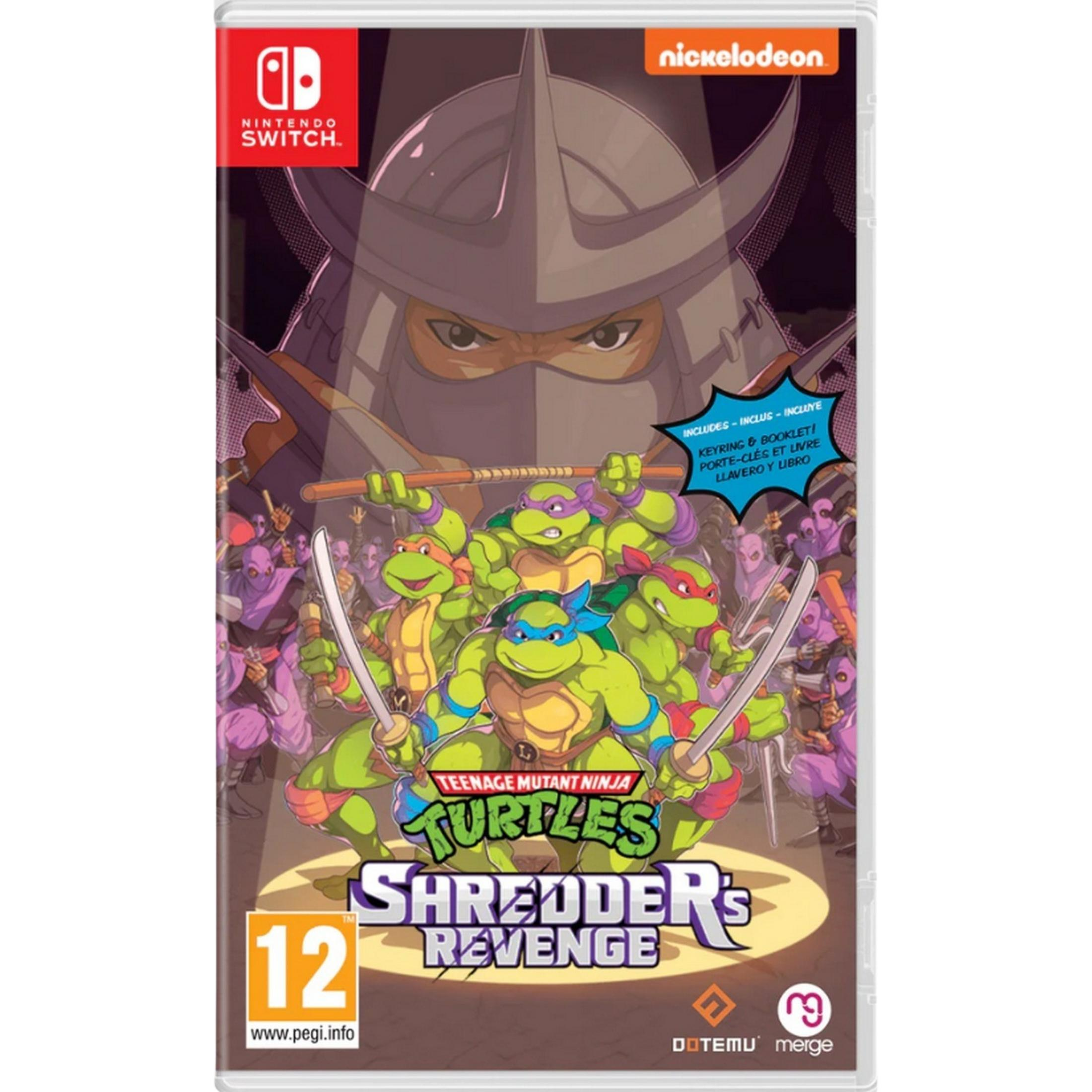 Teenage Mutant Ninja Turtles: Shredder's Revenge spelcover voor Nintendo Switch, met de Turtles en Shredder.