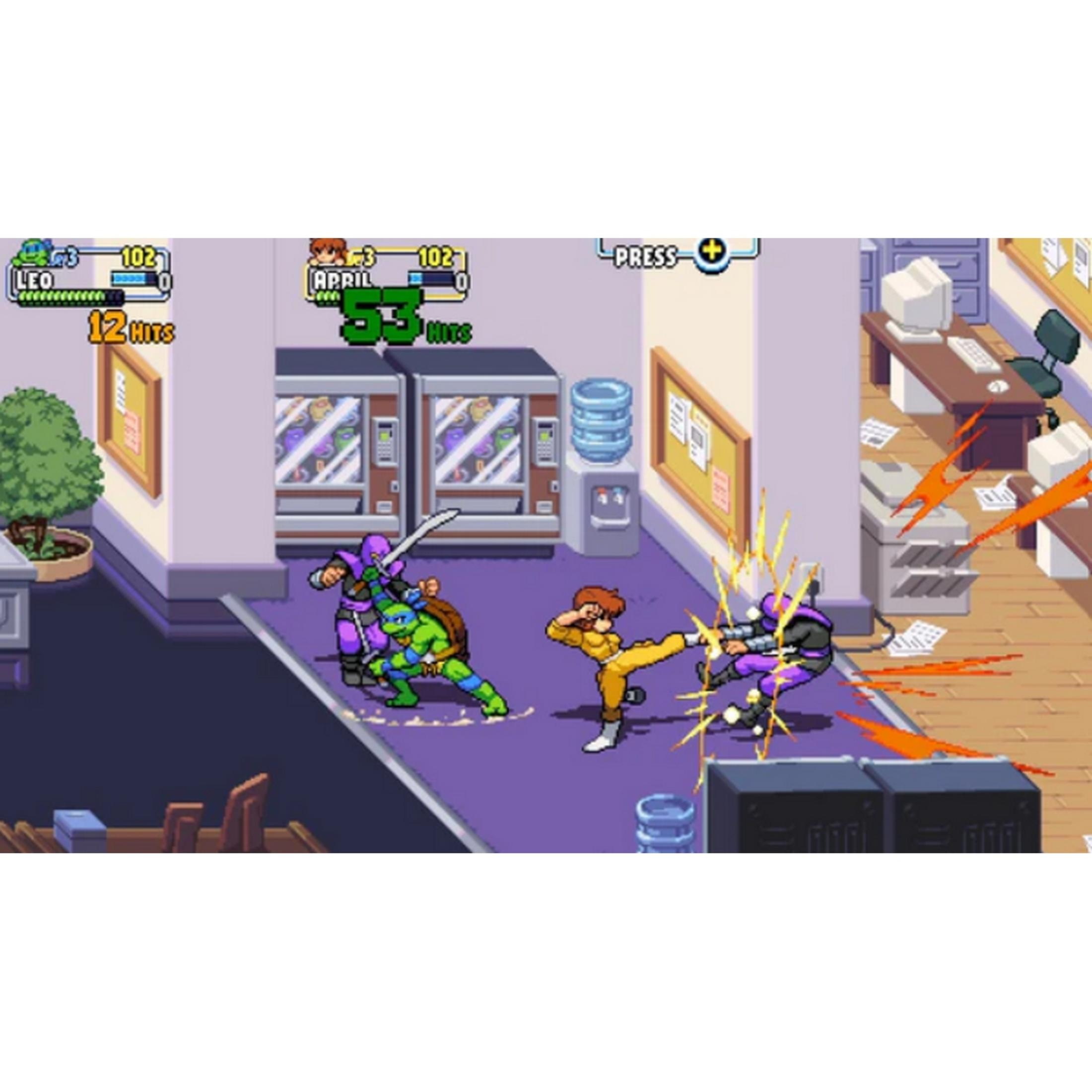 Four characters fight in an office; two are turtles, one is female, one is purple.