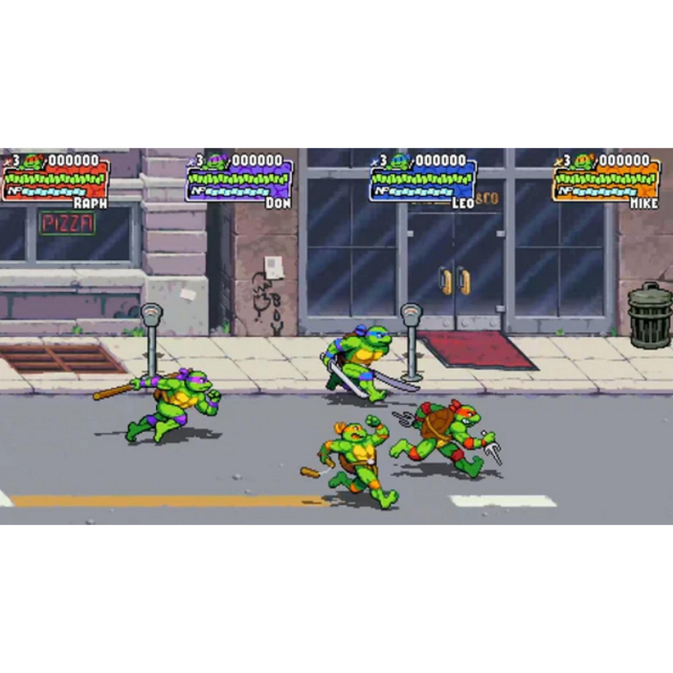 Vier Teenage Mutant Ninja Turtles rennen op straat voor een gebouw met ramen en een vuilnisbak.