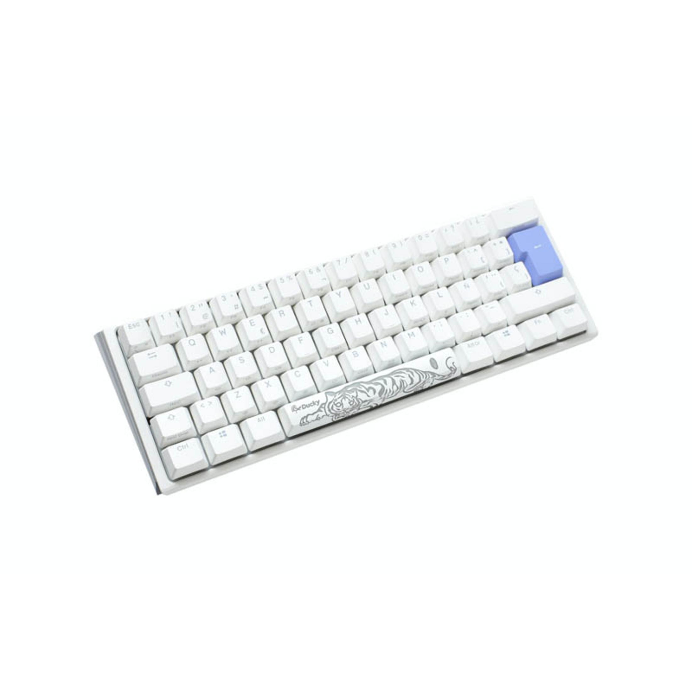 Tastiera meccanica bianca con tasto ESC blu e design tigre sulla barra spaziatrice.