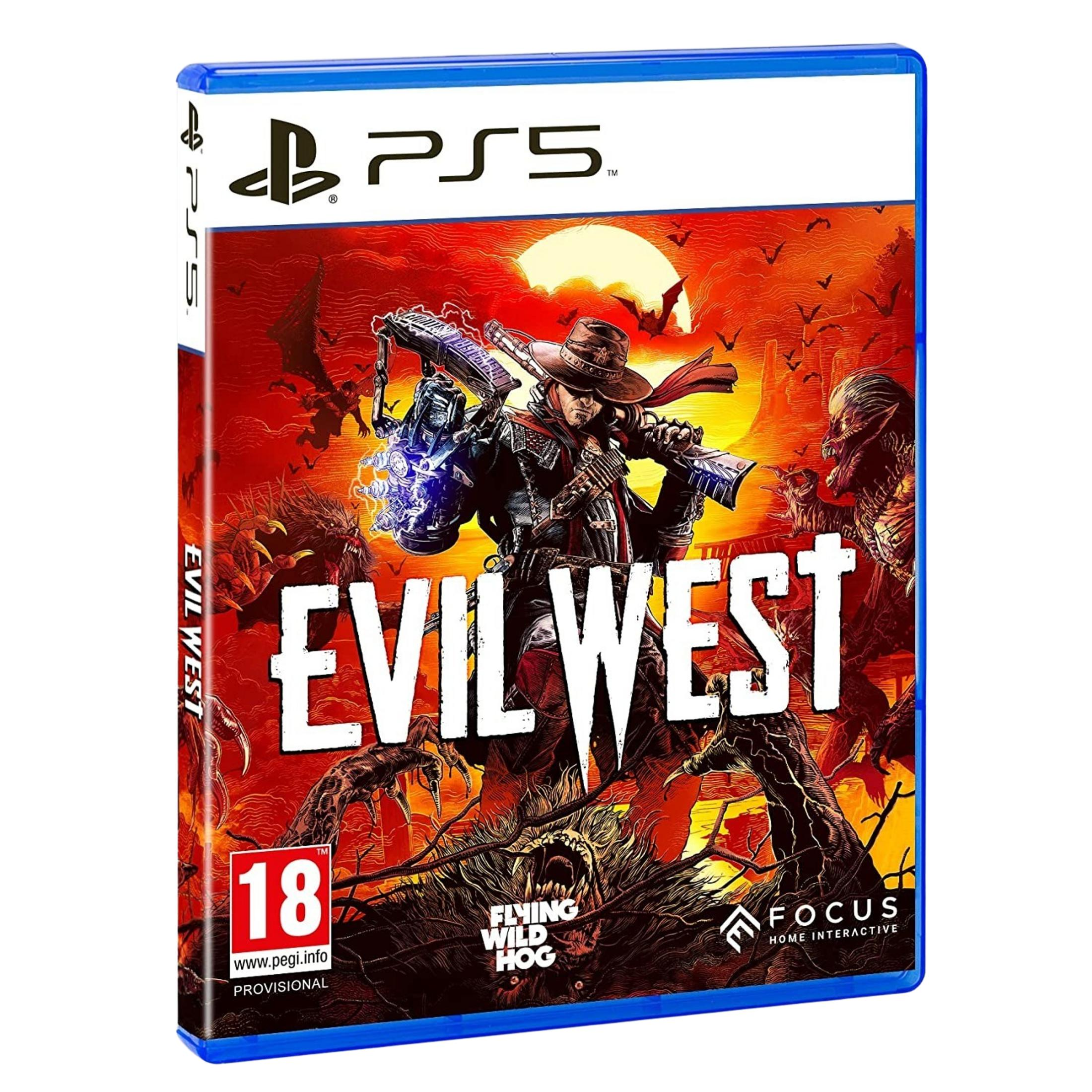 Portada del juego PS5: Un vaquero con arma mágica lucha contra monstruos con cielo rojo.