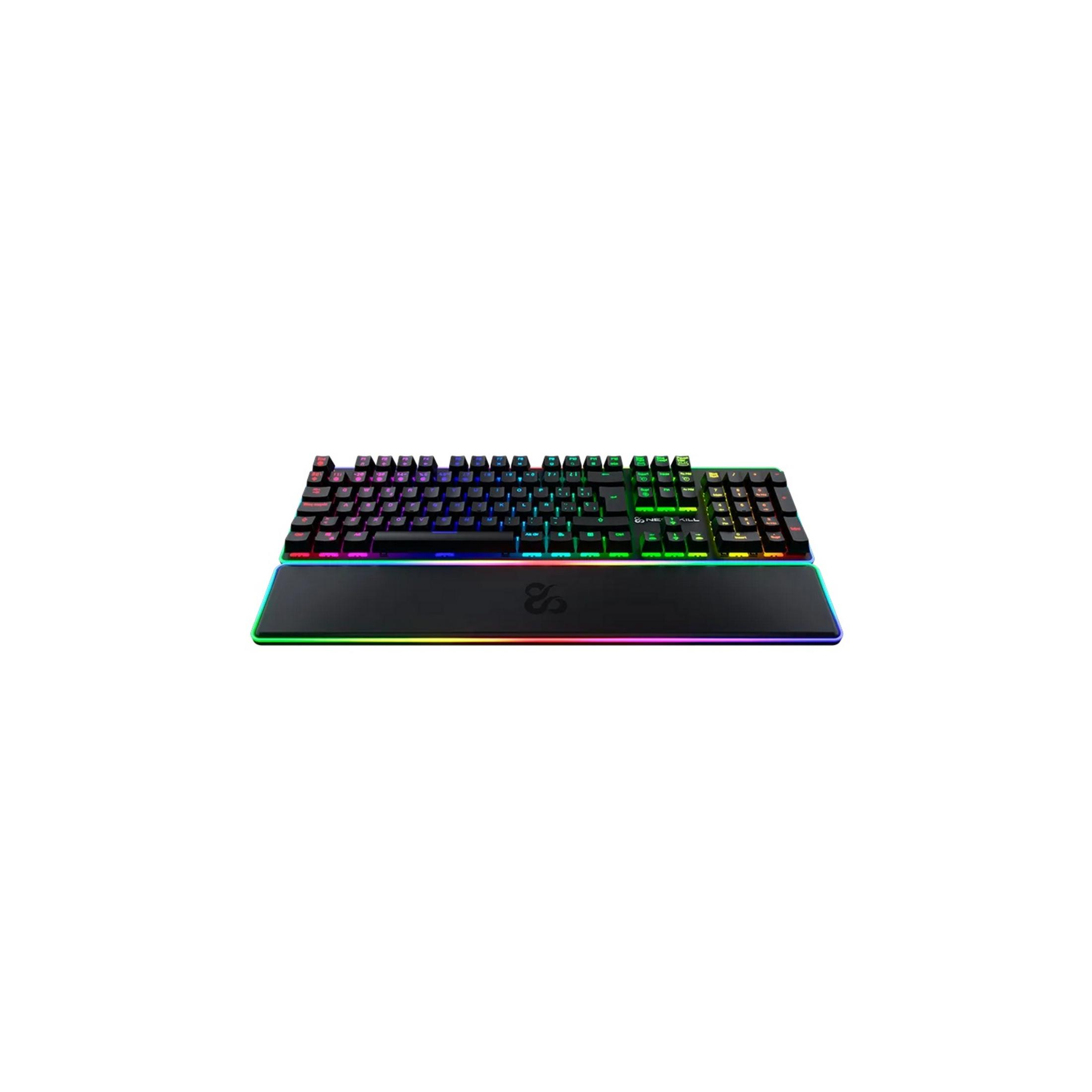 Tastiera nera con illuminazione RGB e poggiapolsi.