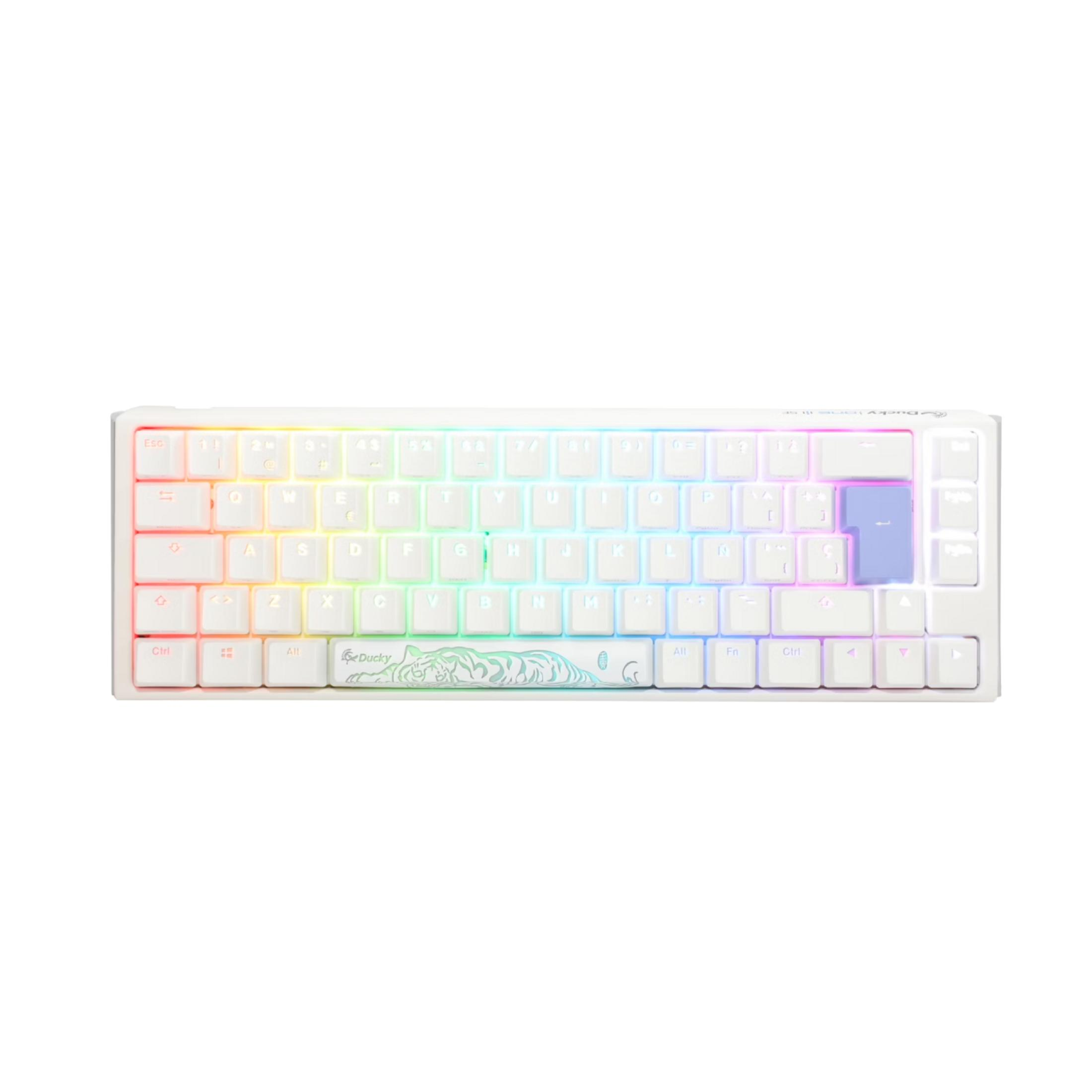Una tastiera meccanica bianca con illuminazione RGB arcobaleno e design tigre.