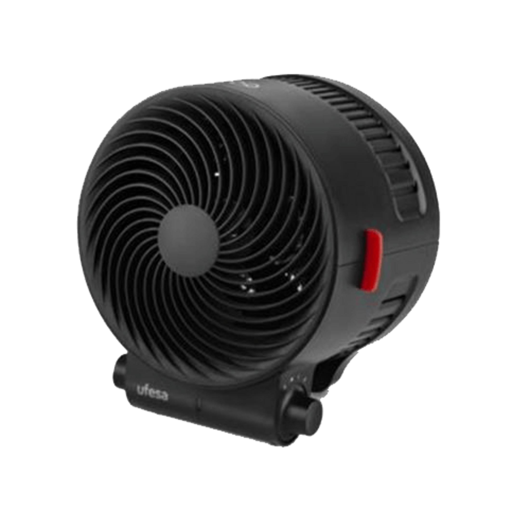 Un ventilatore da tavolo nero con accenti rossi e il logo 'ufesa'.