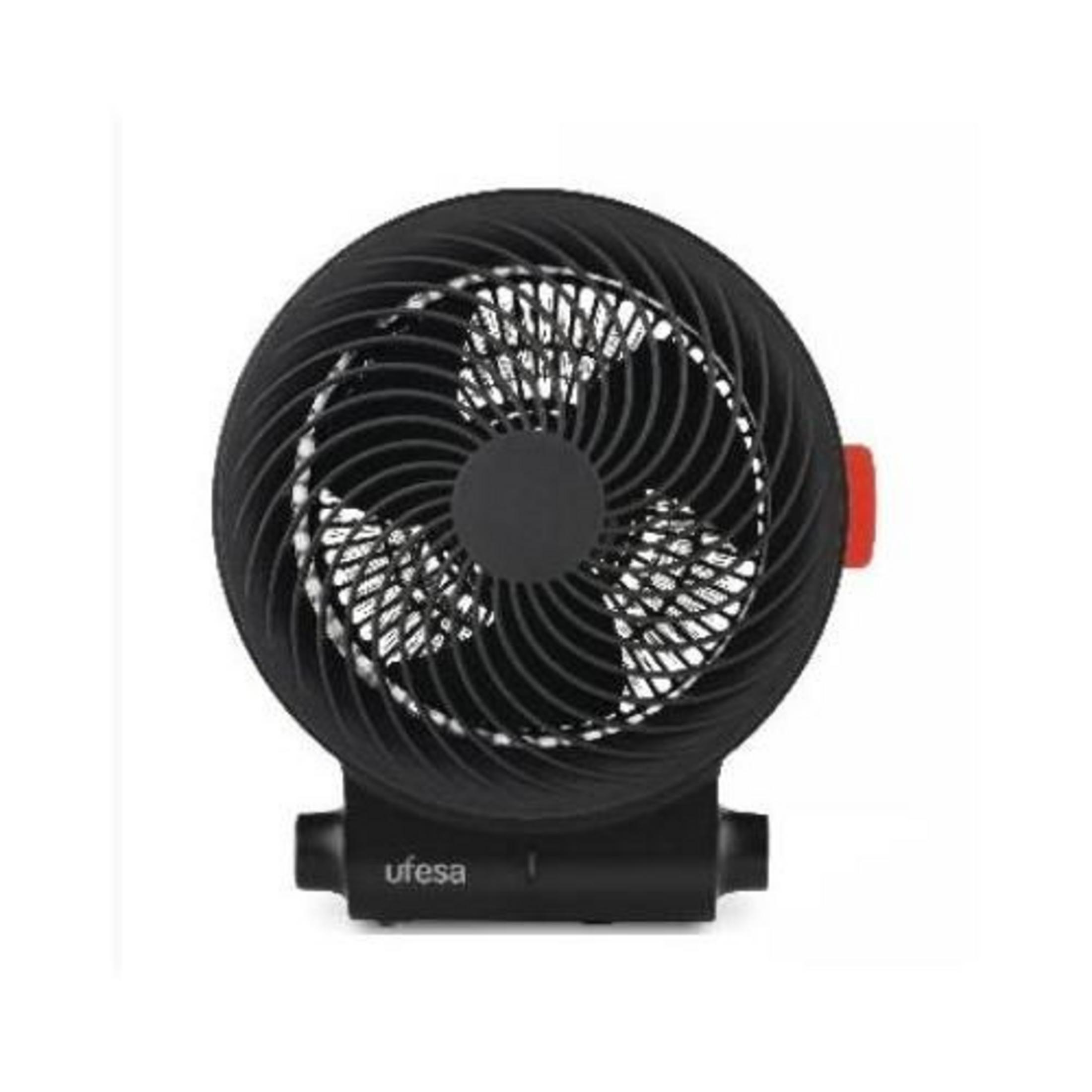 Un ventilatore Ufesa nero con pulsante rosso su sfondo bianco.