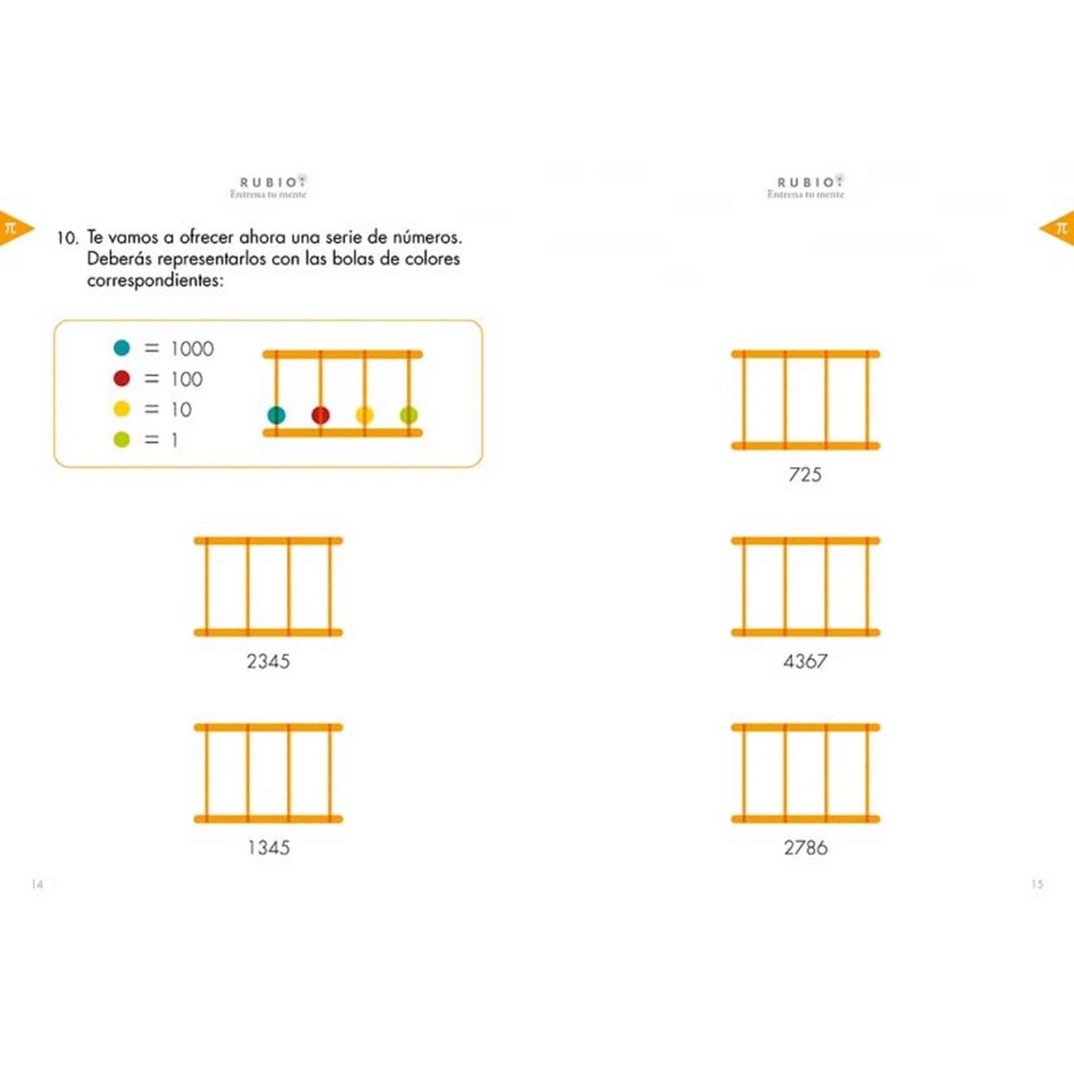 Números representados con bolas de colores: 1000, 100, 10, 1. Ejemplos: 725, 2345, 4367, 1345, 2786.