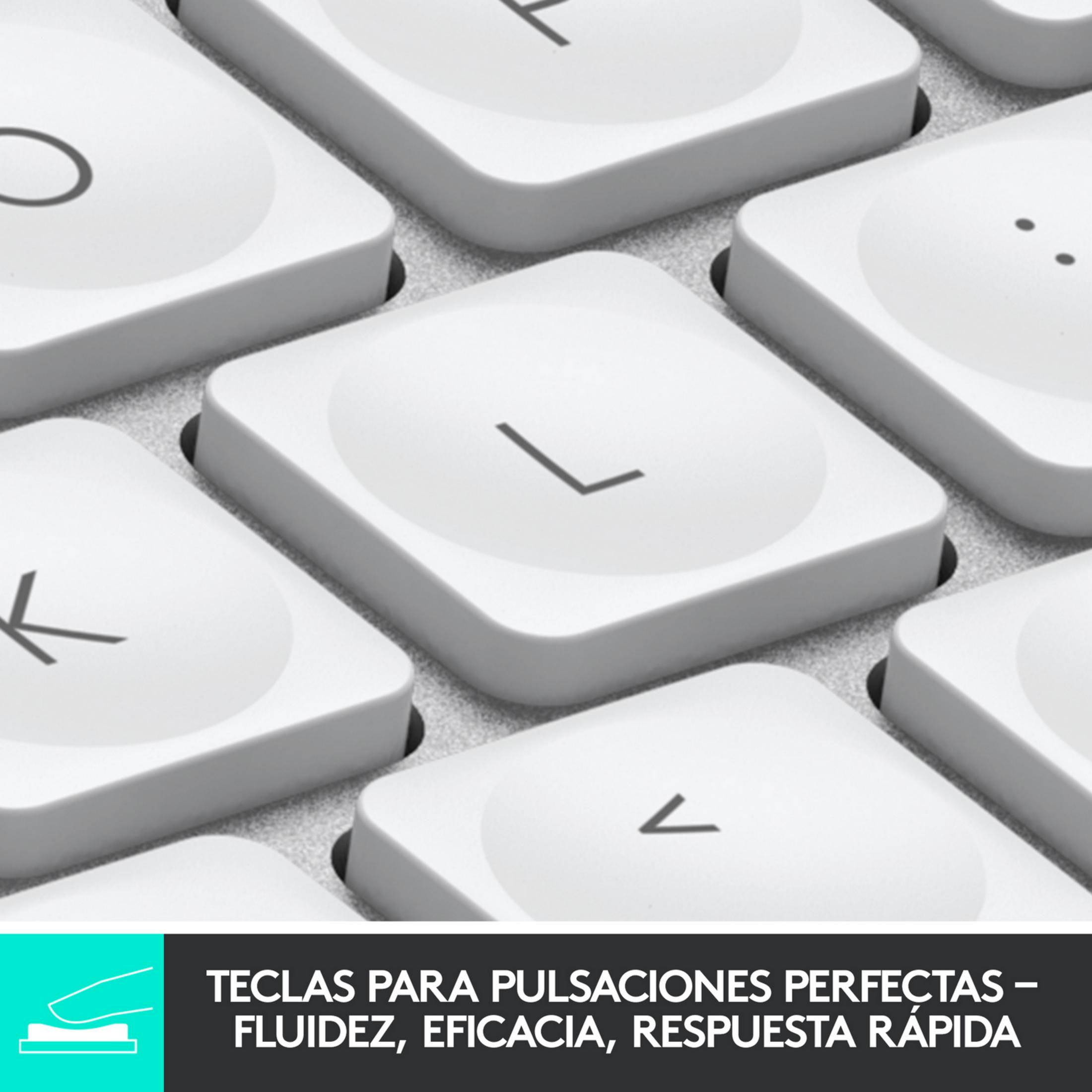 Tasti bianchi della tastiera, focus su L, K e un tasto vuoto. Testo: "TECLAS PARA PULSACIONES PERFECTAS – FLUIDEZ, EFICACIA, RESPUESTA RÁPIDA"