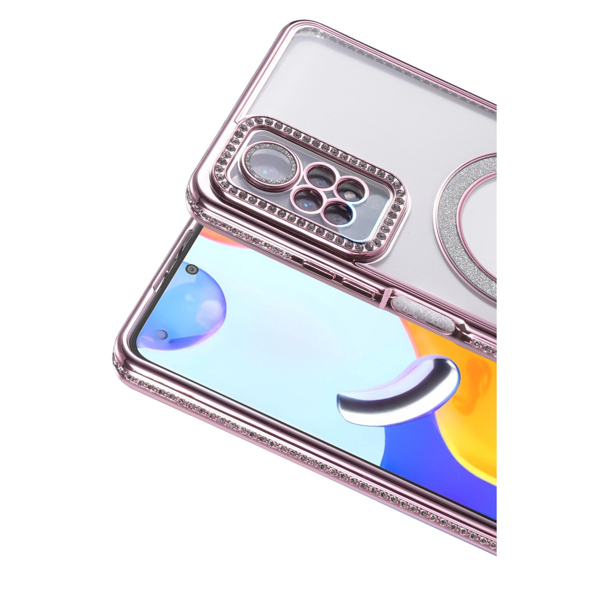 Kristal ve kamera kesimli, rose altın rengi telefon kılıfı.