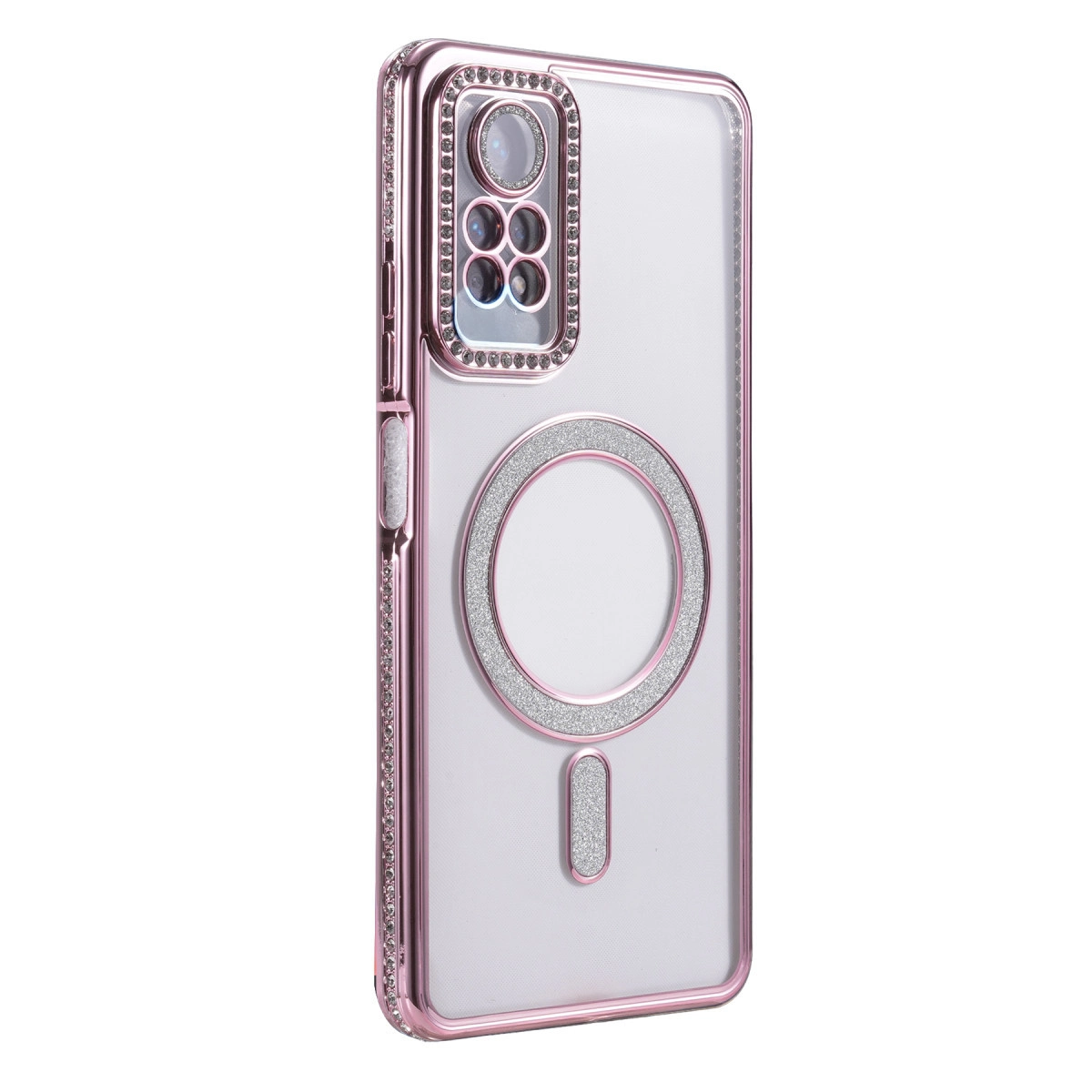 Rose altın kenarlı, kamera korumalı ve simli şeffaf telefon kılıfı.