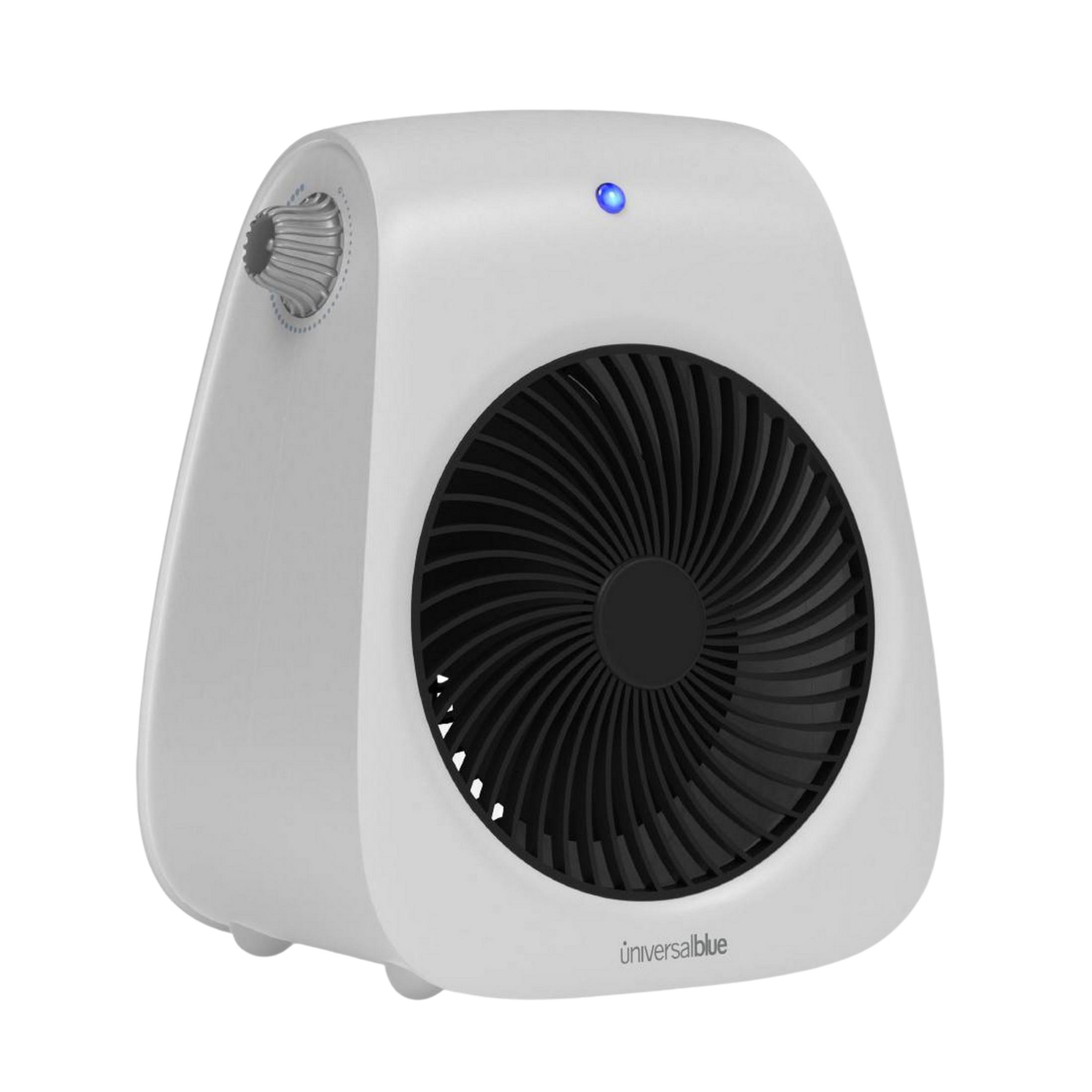 Un calefactor blanco con rejilla de ventilador negra y luz indicadora azul.