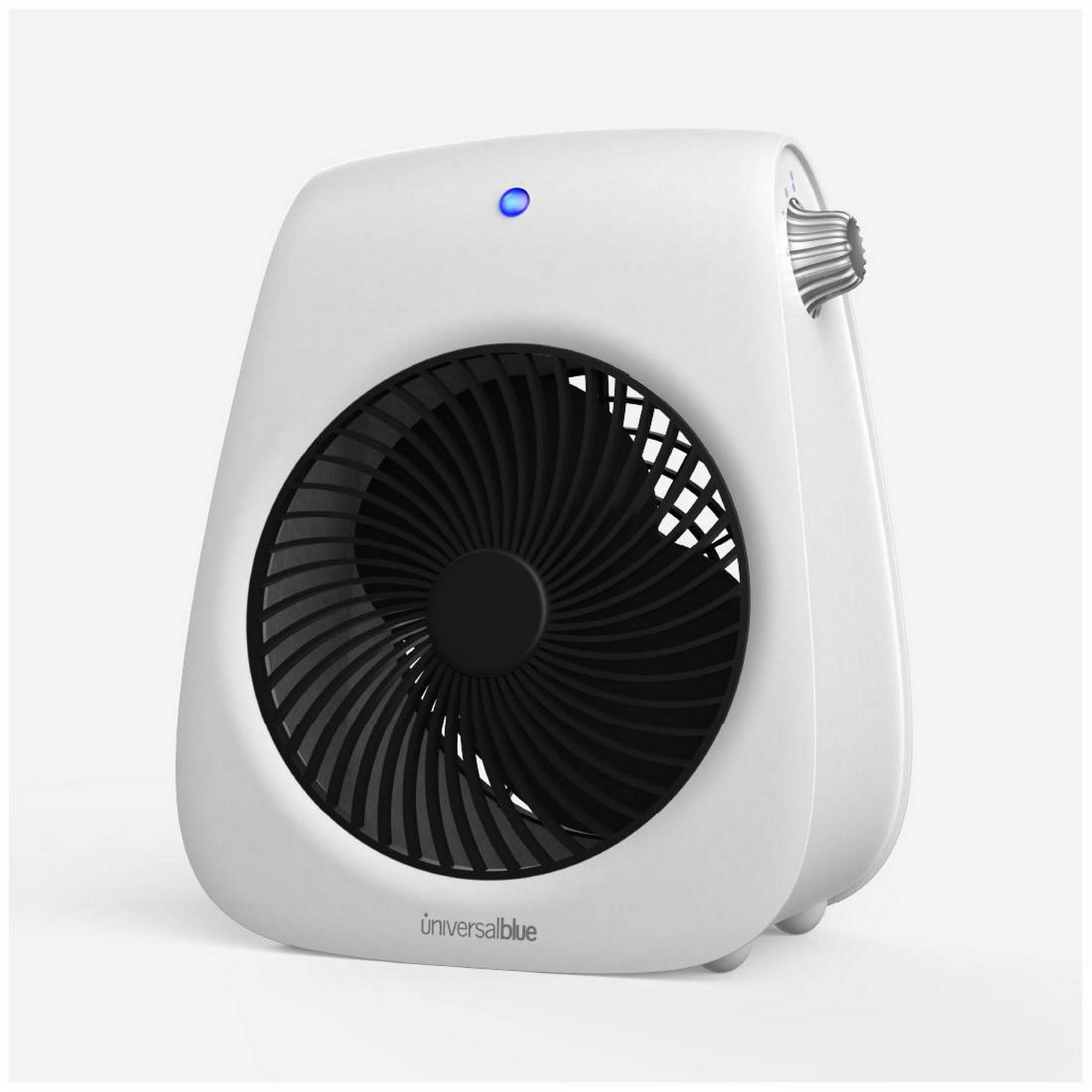 Un ventilador de mesa blanco con rejilla negra y luz LED azul.