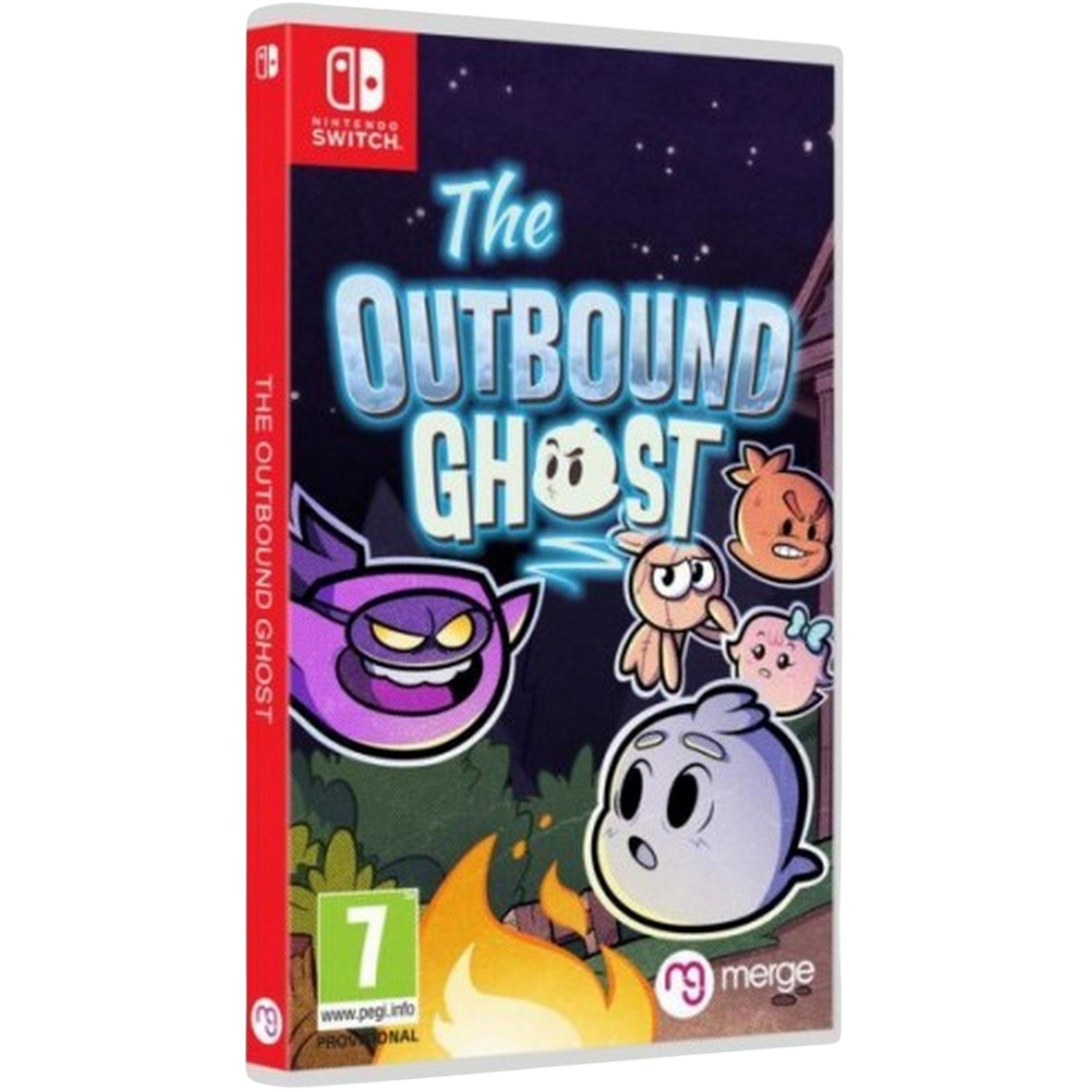 Videojuego Nintendo Switch "The Outbound Ghost" con ilustraciones de fantasmas y una fogata.