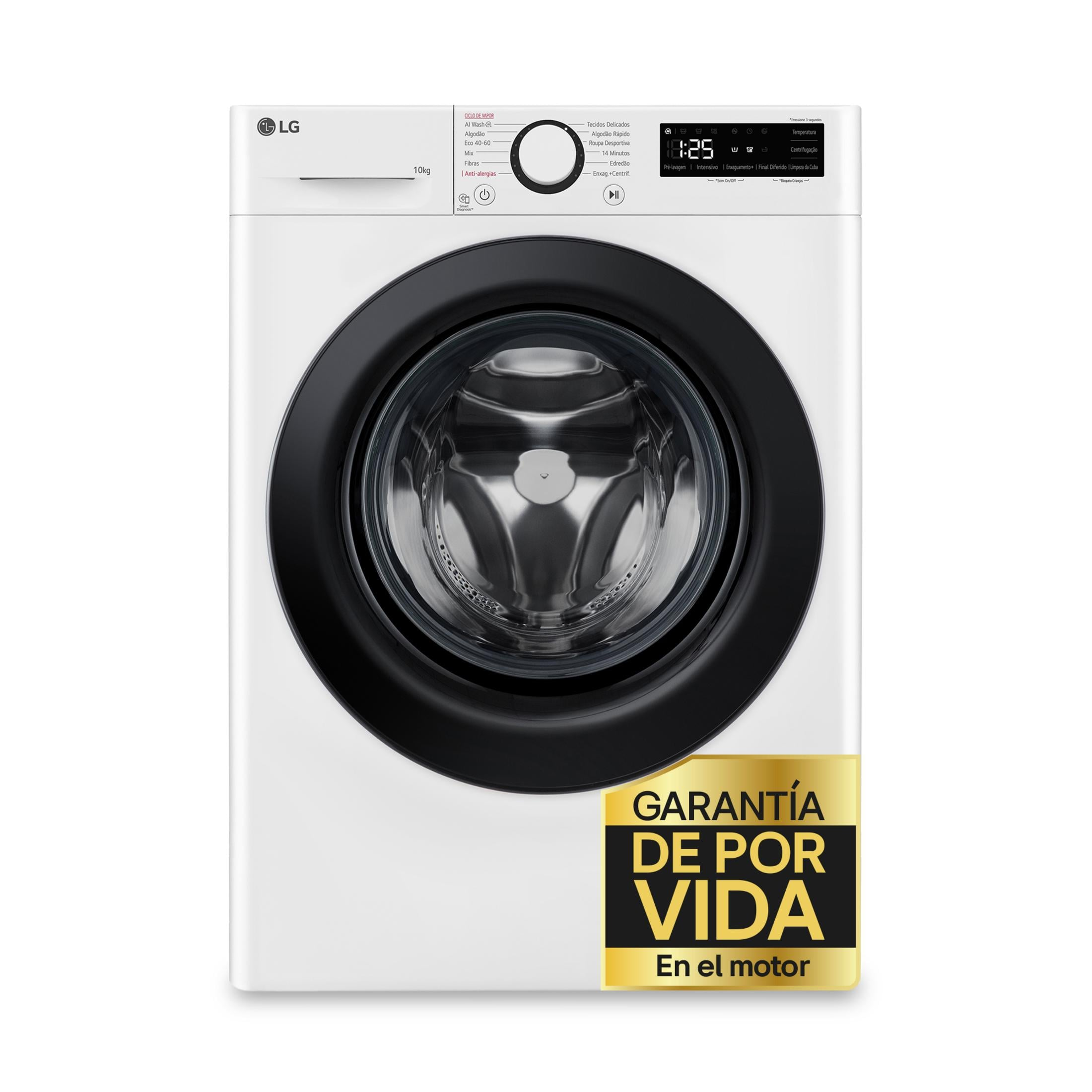 Una lavadora LG blanca con puerta y panel de control negros. Una pegatina dorada está abajo a la derecha.