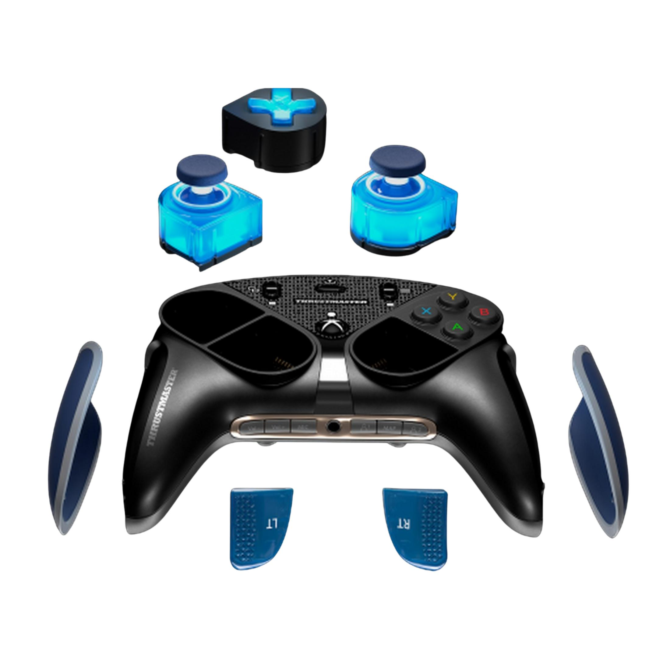 Un controlador negro con accesorios azules y grises sobre fondo blanco.