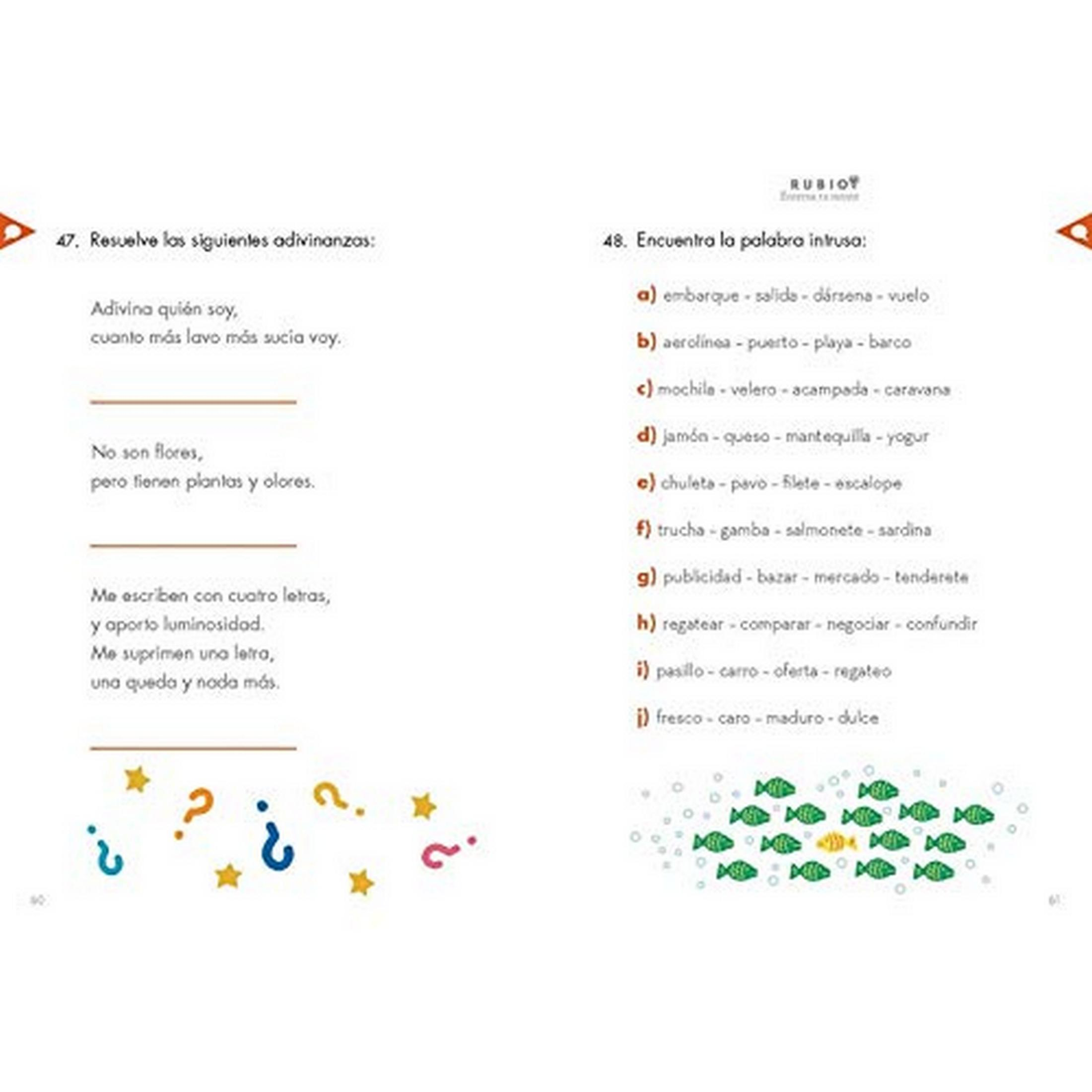 Página con acertijos y juegos de palabras, con preguntas y peces.