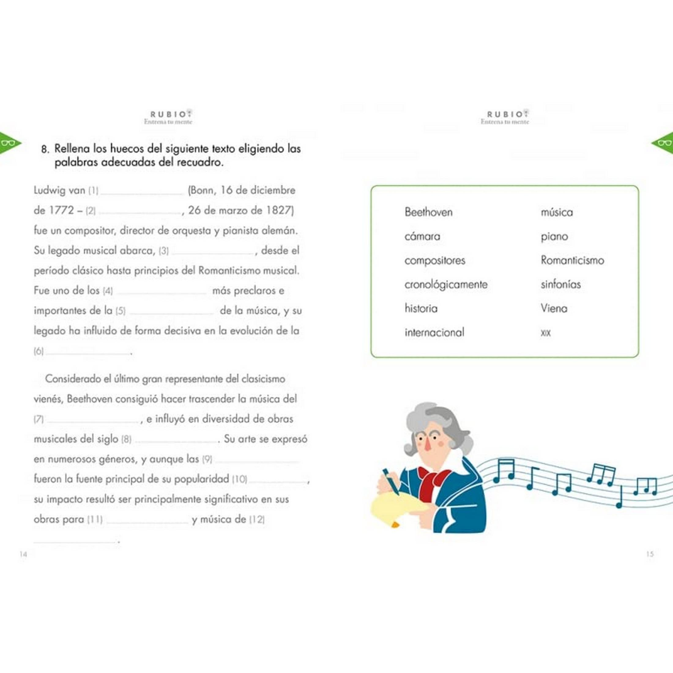Una hoja de trabajo para completar espacios sobre Beethoven, con notas y una ilustración.