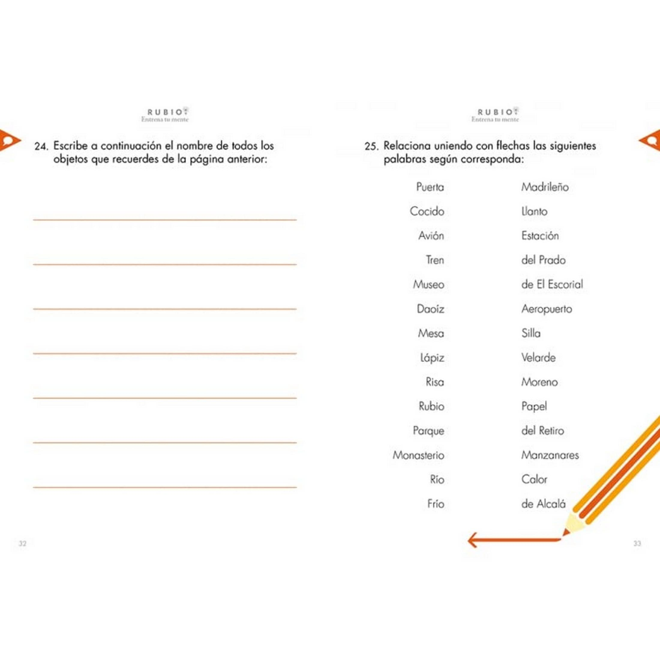 Página con ejercicios: Izquierda escribir objetos, derecha ejercicio de unir con flechas.