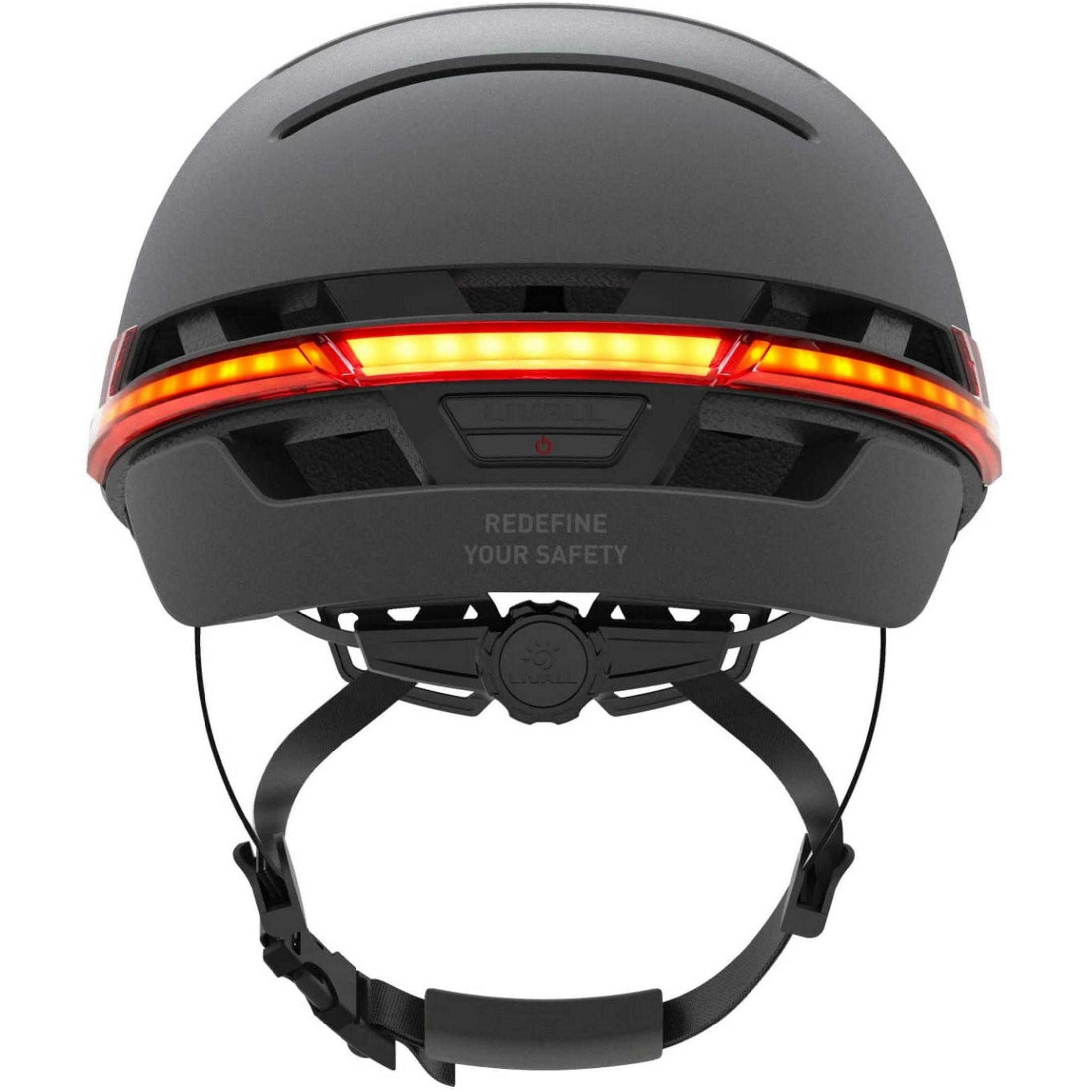 Casco nero con fanale posteriore a LED rosso e rotella di regolazione.