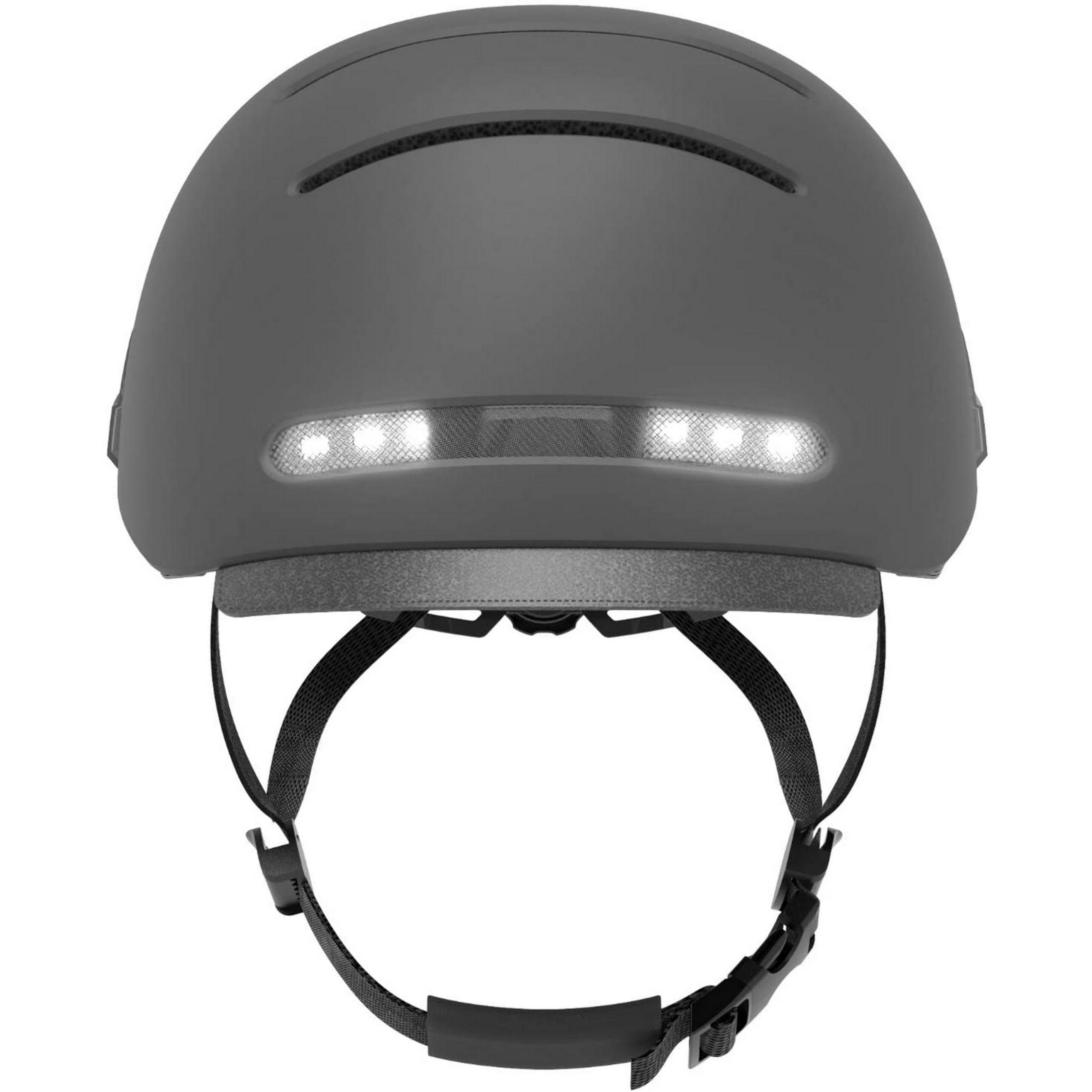 Casco grigio con luci LED bianche e cinghie nere.