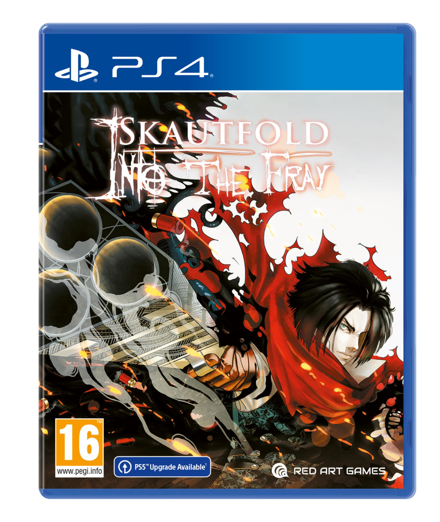 Copertina gioco PS4: Uomo con mantello rosso, titolo 'Skautfold: Into the Fray', PEGI 16.