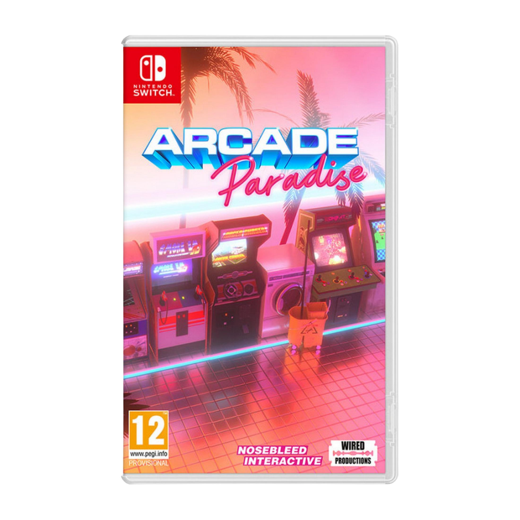 Custodia del gioco Nintendo Switch 'Arcade Paradise' con cabinati arcade e palme.
