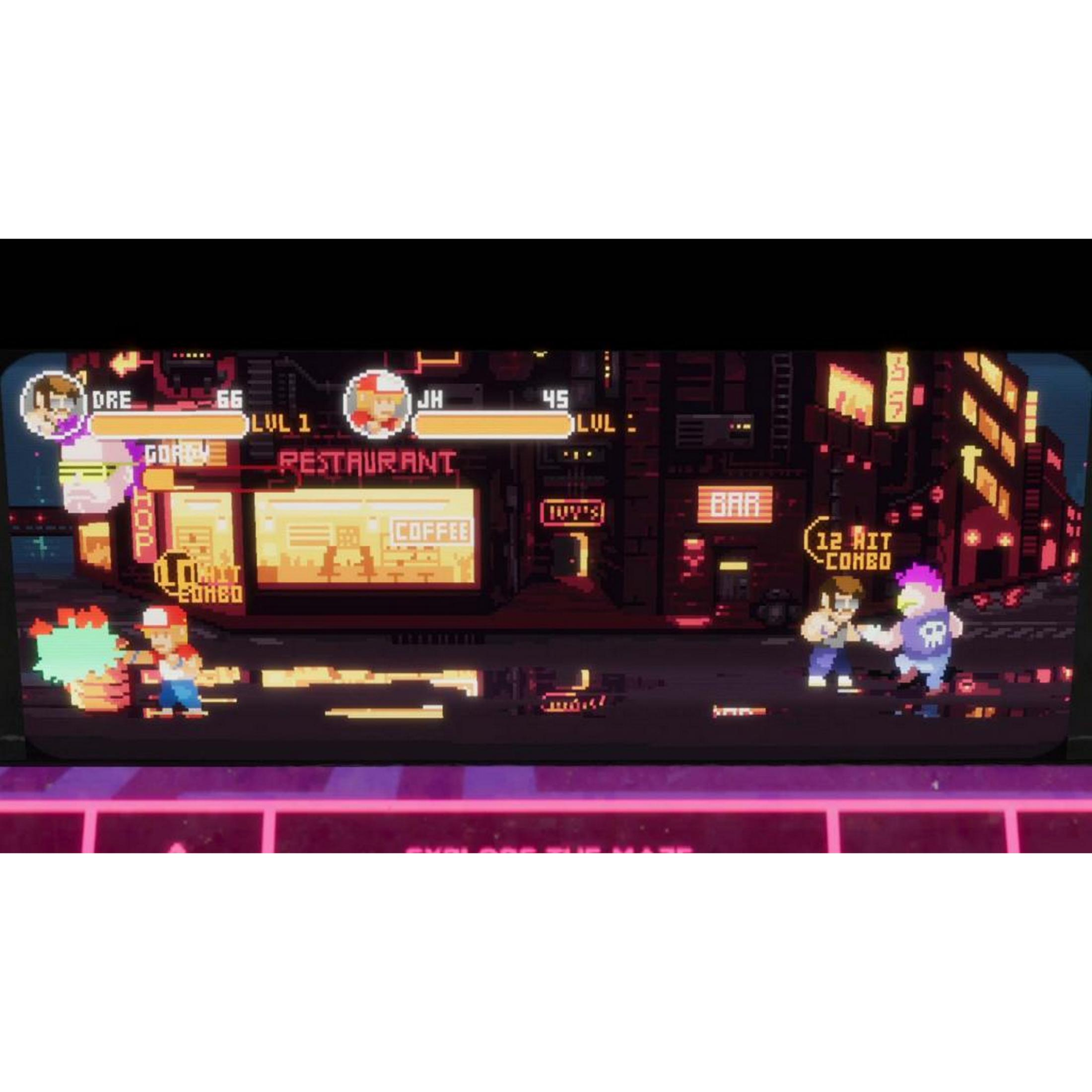 Juego de lucha pixel art: dos personajes luchan frente a un restaurante y bar en una ciudad.