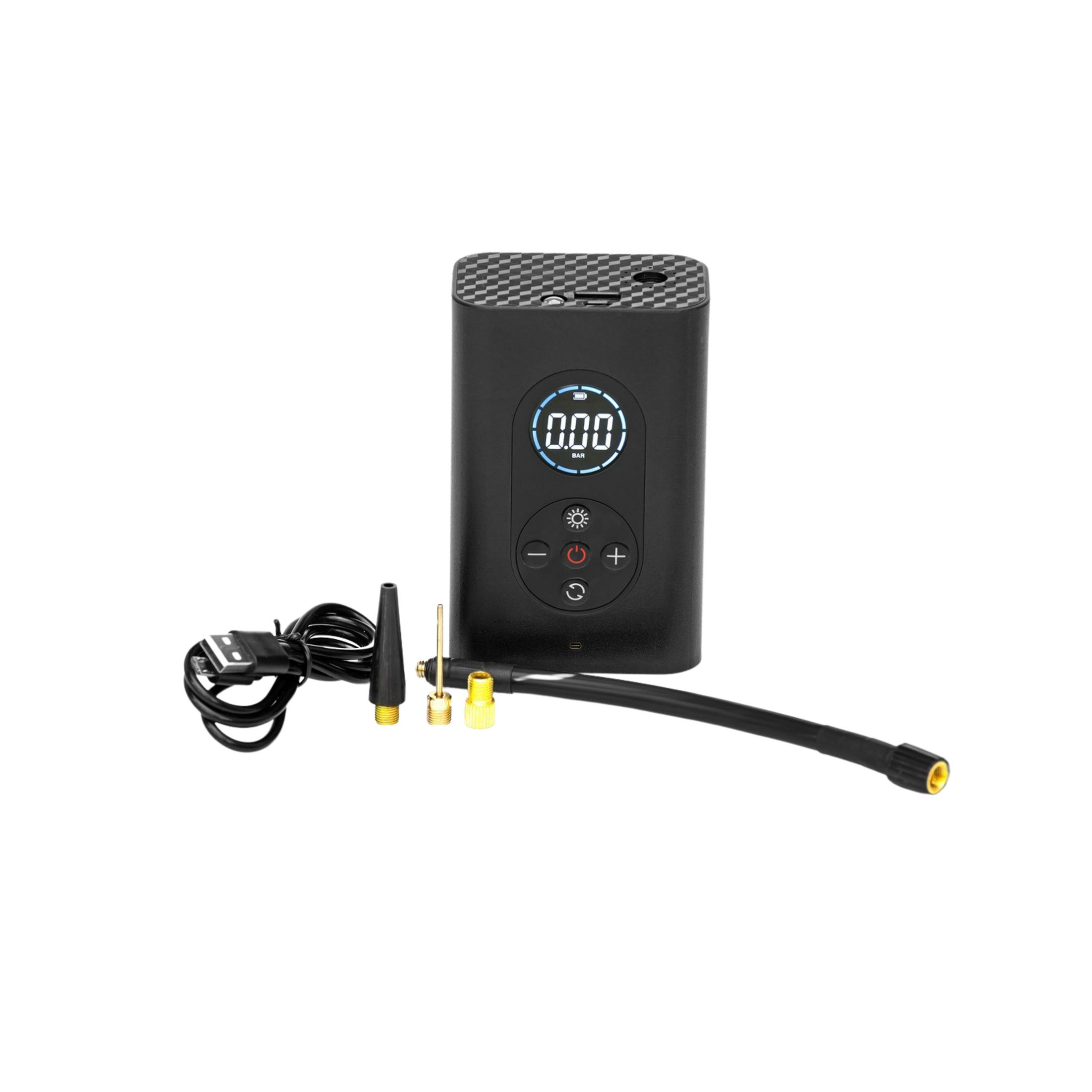 Inflador de neumáticos portátil negro con pantalla digital y accesorios.