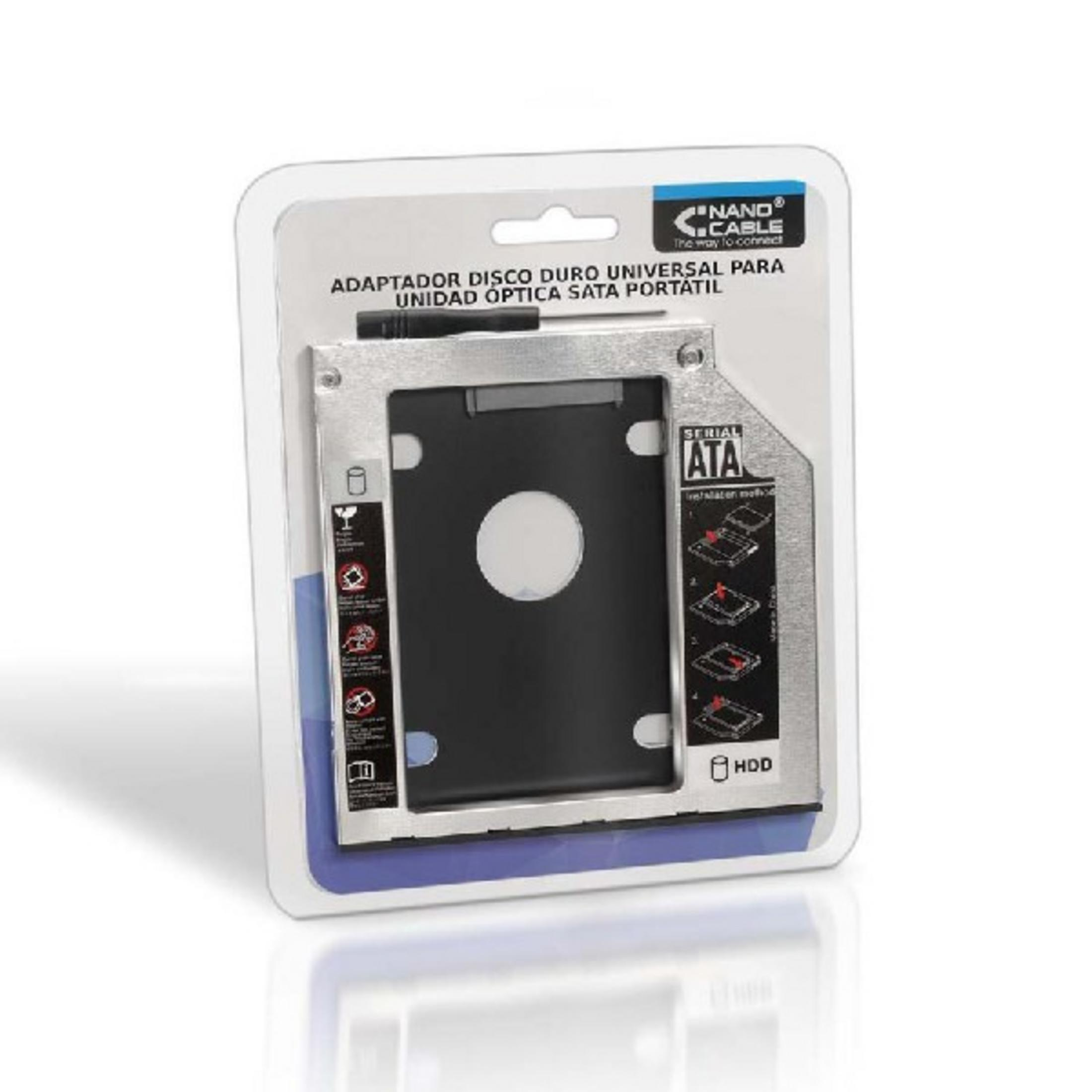 Adaptador para discos duros y unidades ópticas SATA portátiles en embalaje comercial.